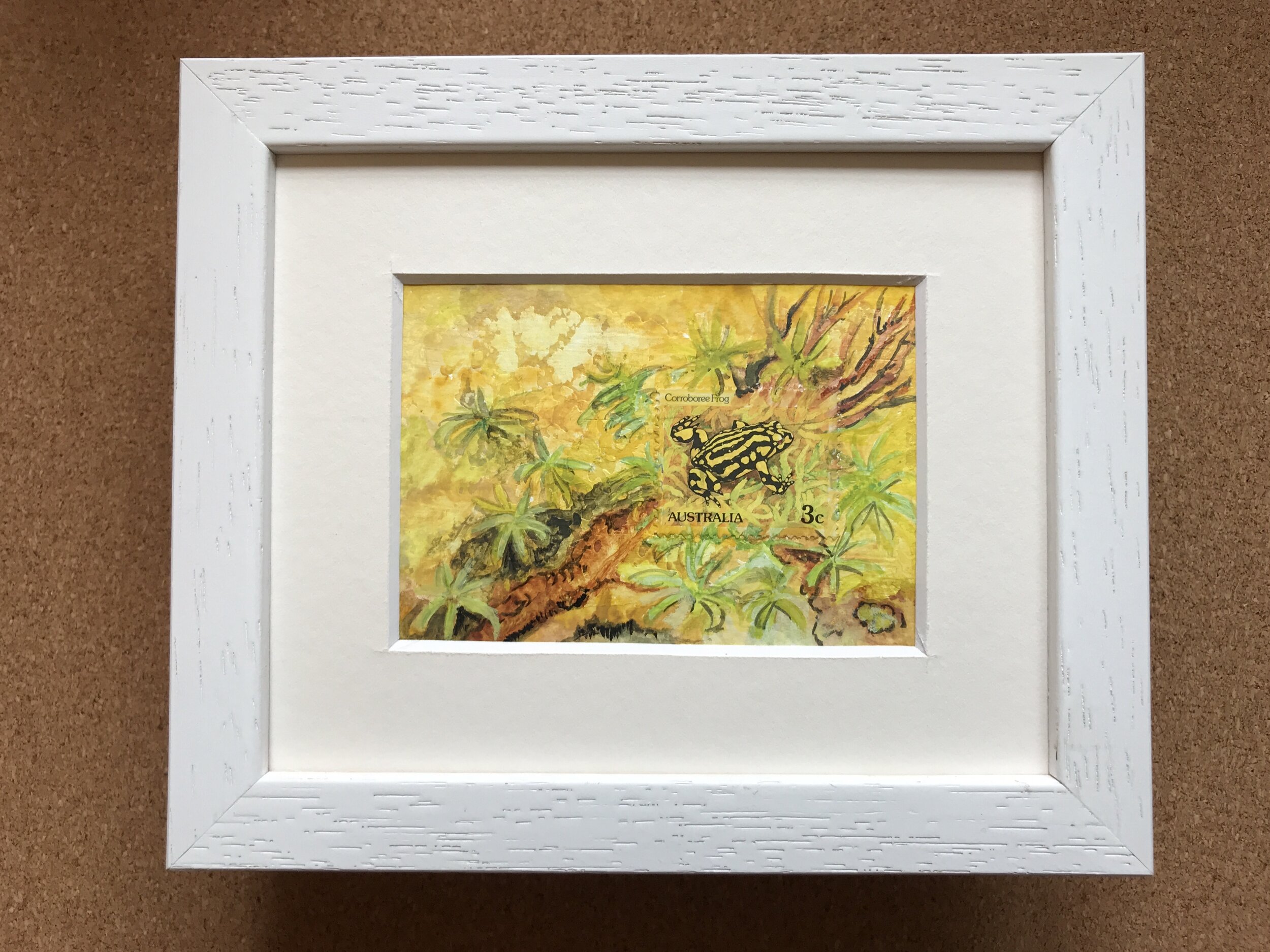 original artwork, painted around an Australian 3c stamp featuring a yellow and black Coroboree Frog