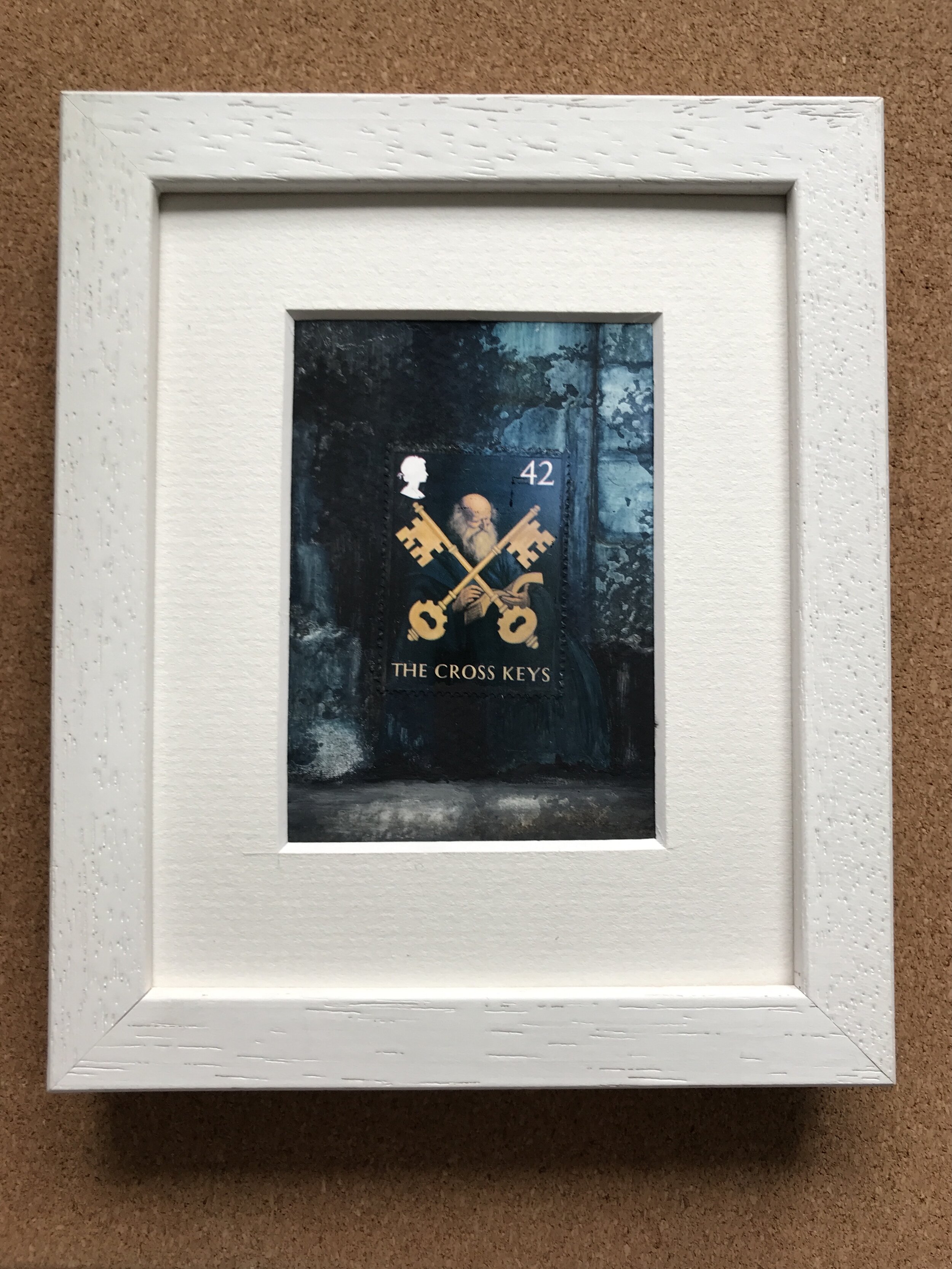 black frame white mount dark blue black GB stamp the Cross Keys from the PUB signs 2003 editions from the Royal Mail.