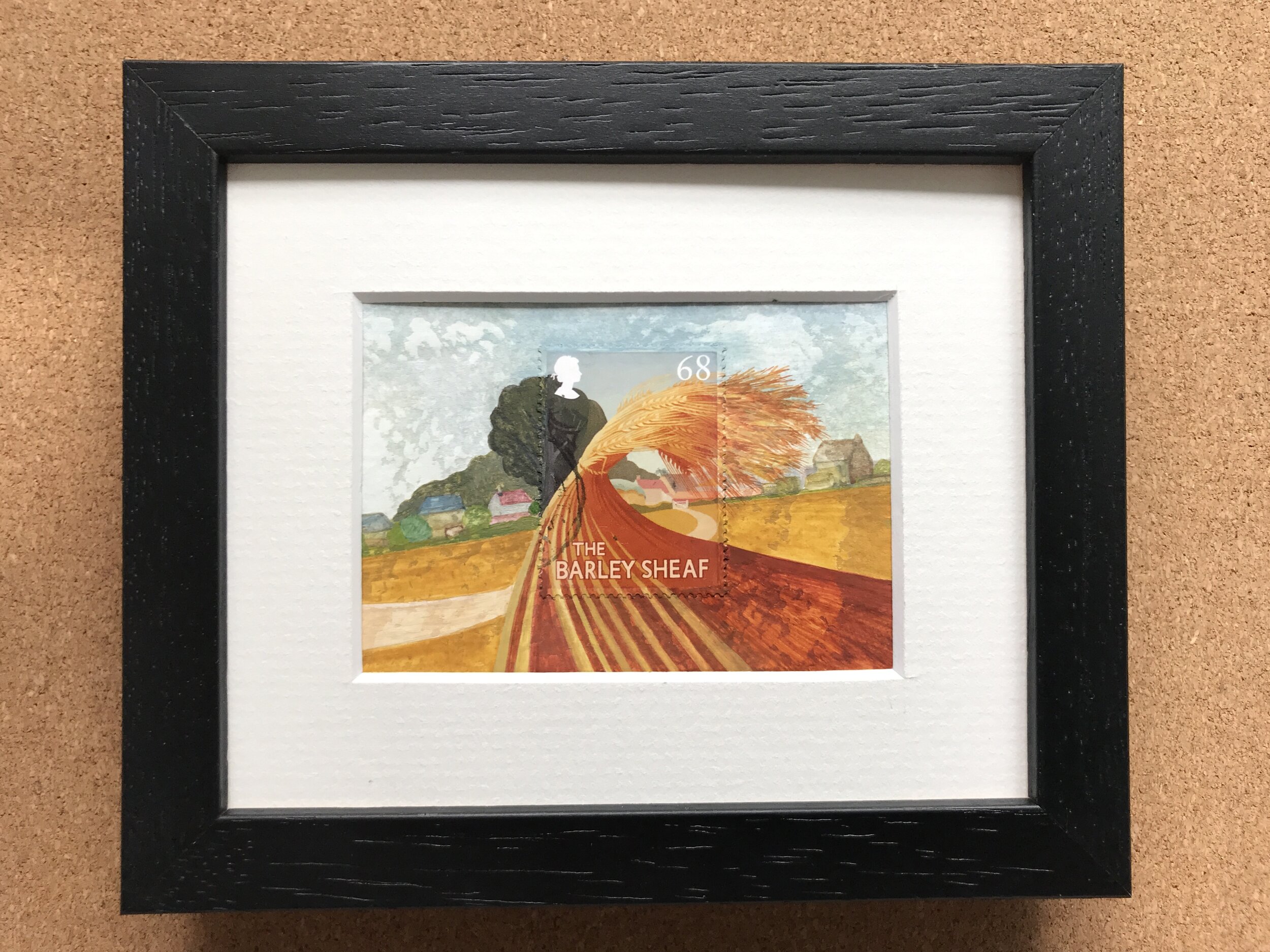 black frame painting incorporating the Barley sheaf Stamp from the 2003 Royal Mail Pub Sign Stamps