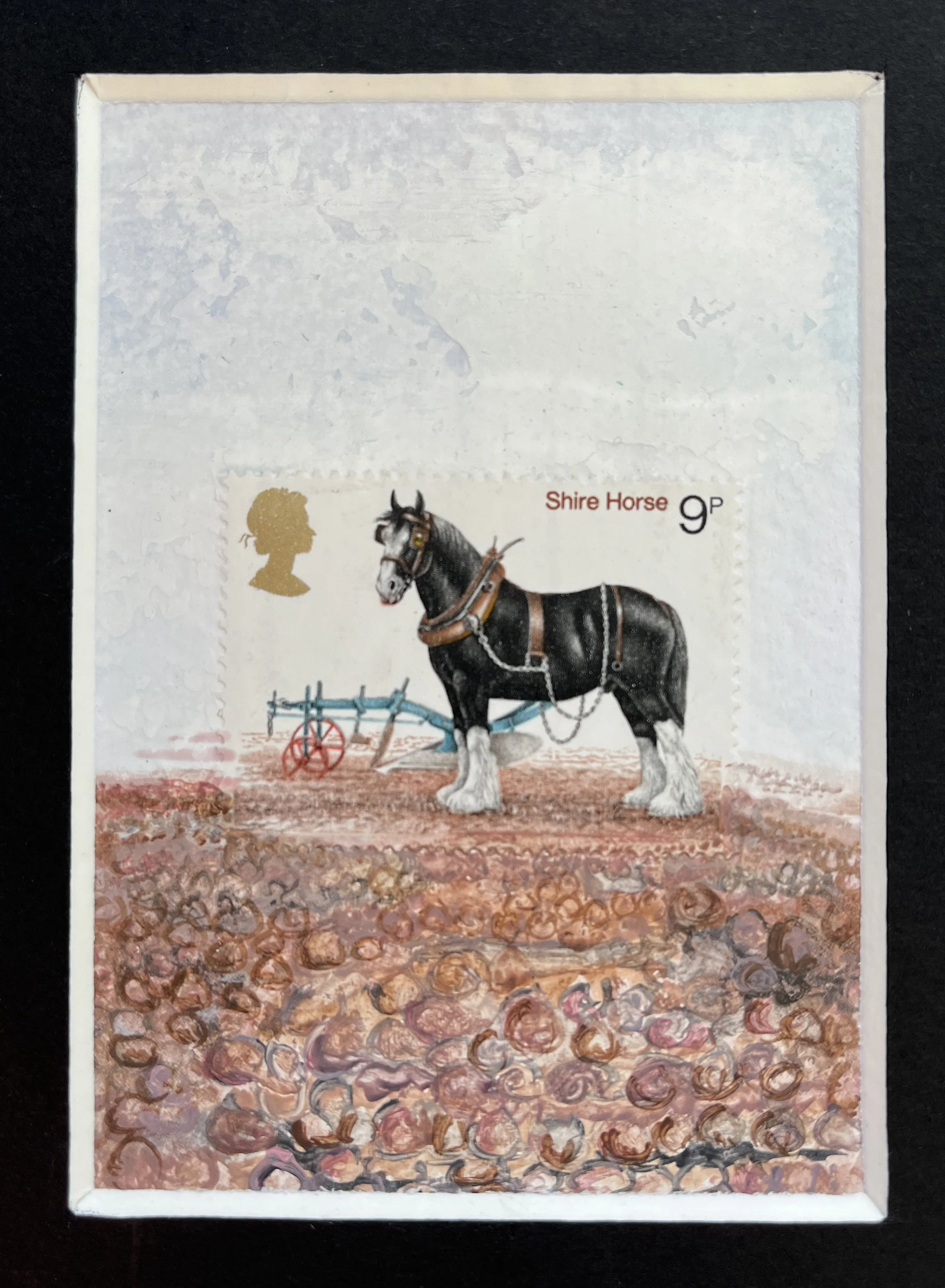 Shire Horse Postage Stamp Art pink ground beneath the horses feet and a blue plough in the background