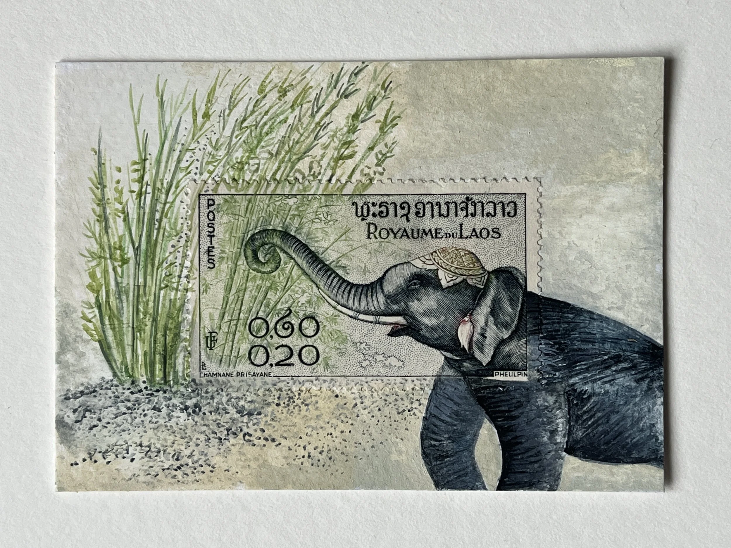 Laos Asian Elephant postage stamp made into art