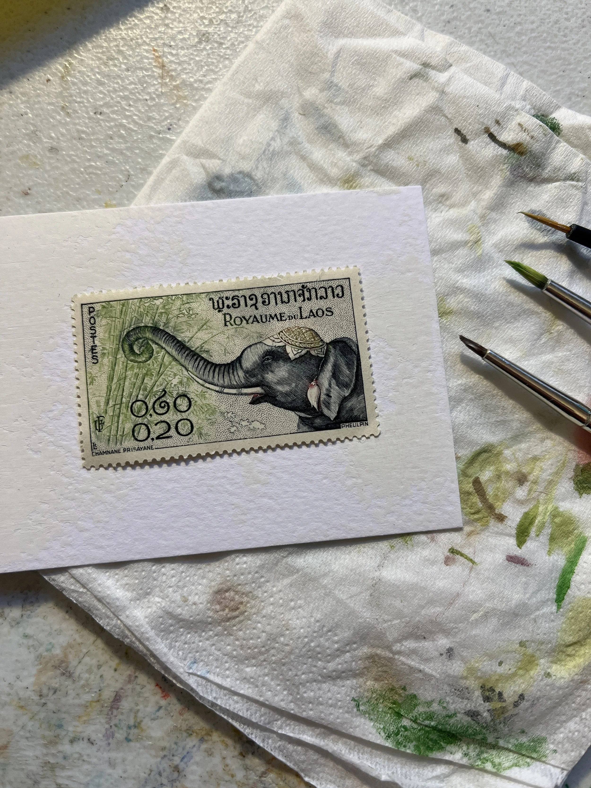Laos Asian Elephant postage stamp made into art