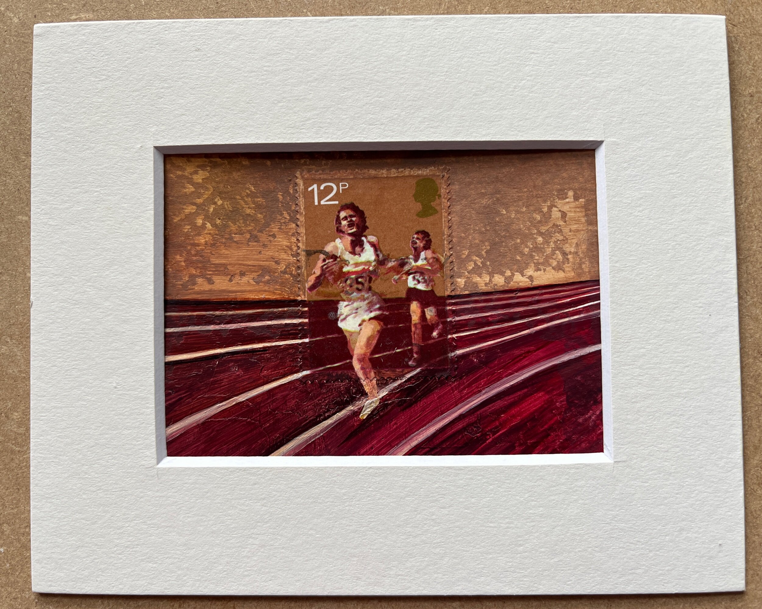 Sport Centenaries, Marathon Runner  stamp issued on 10-10-1980  picture completed in oil and watercolour paint  Art size 2.5 x 3.5 inches