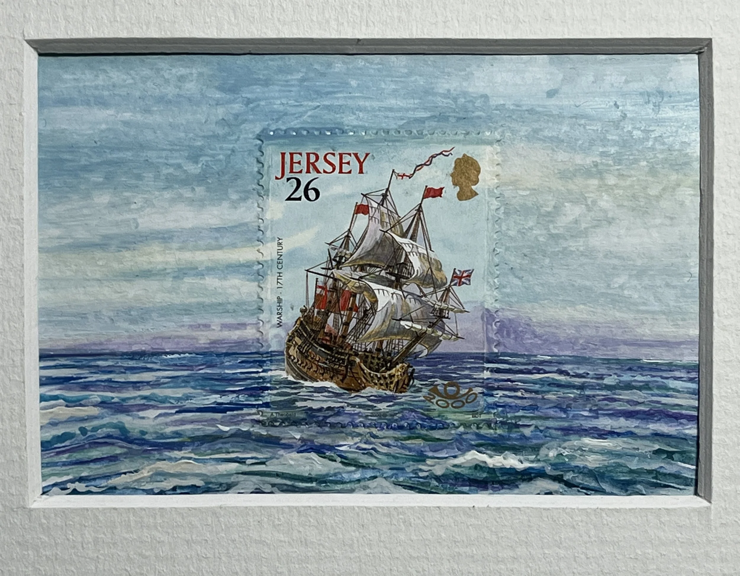 17th Century Warship Jersey 26p Postage stamp art.  A unique little painting of this tall ship sailing the seas
