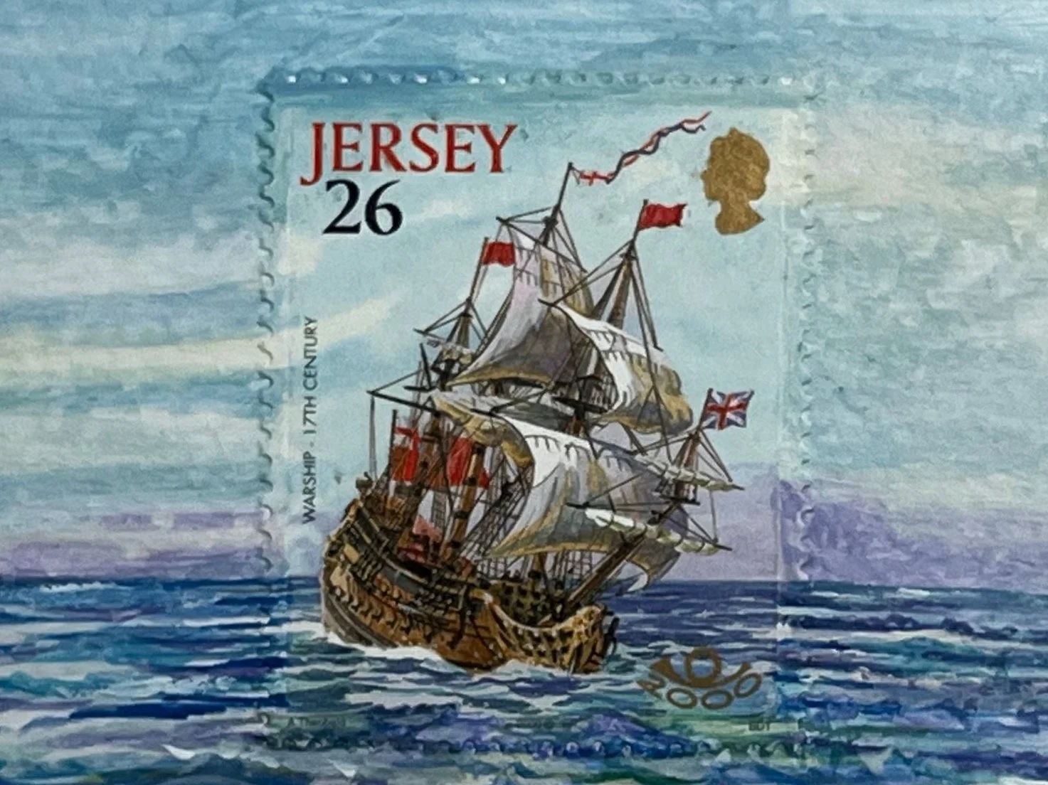 17th Century Warship Jersey 26p Postage stamp art.  A unique little painting of this tall ship sailing the seas