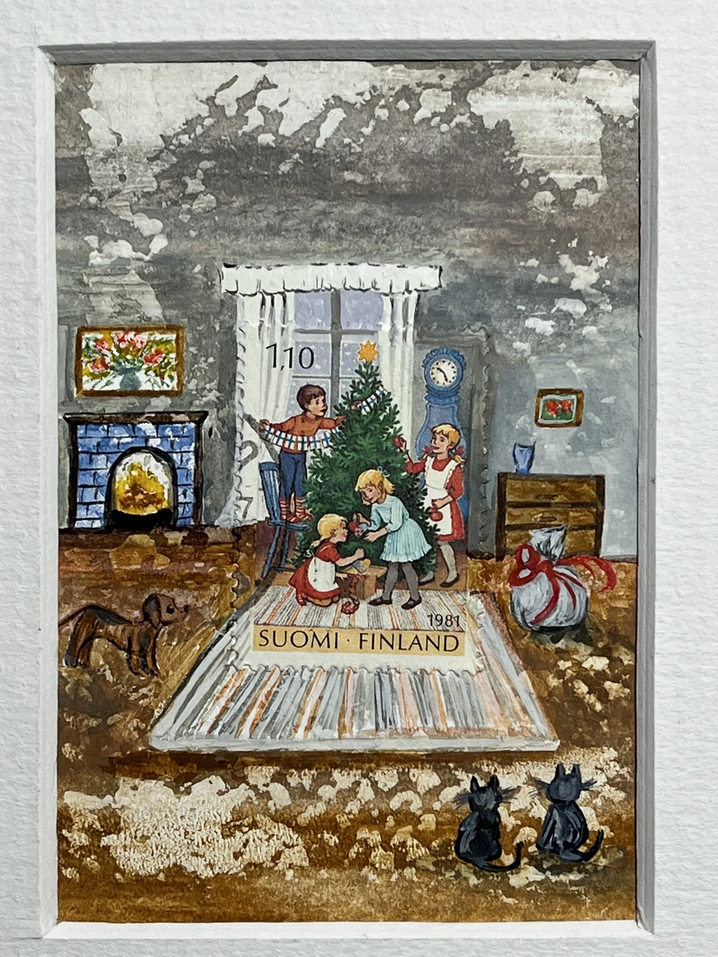 A festive family scene around the tree   Finland stamp, watercolour and oil paint creates this miniature scene