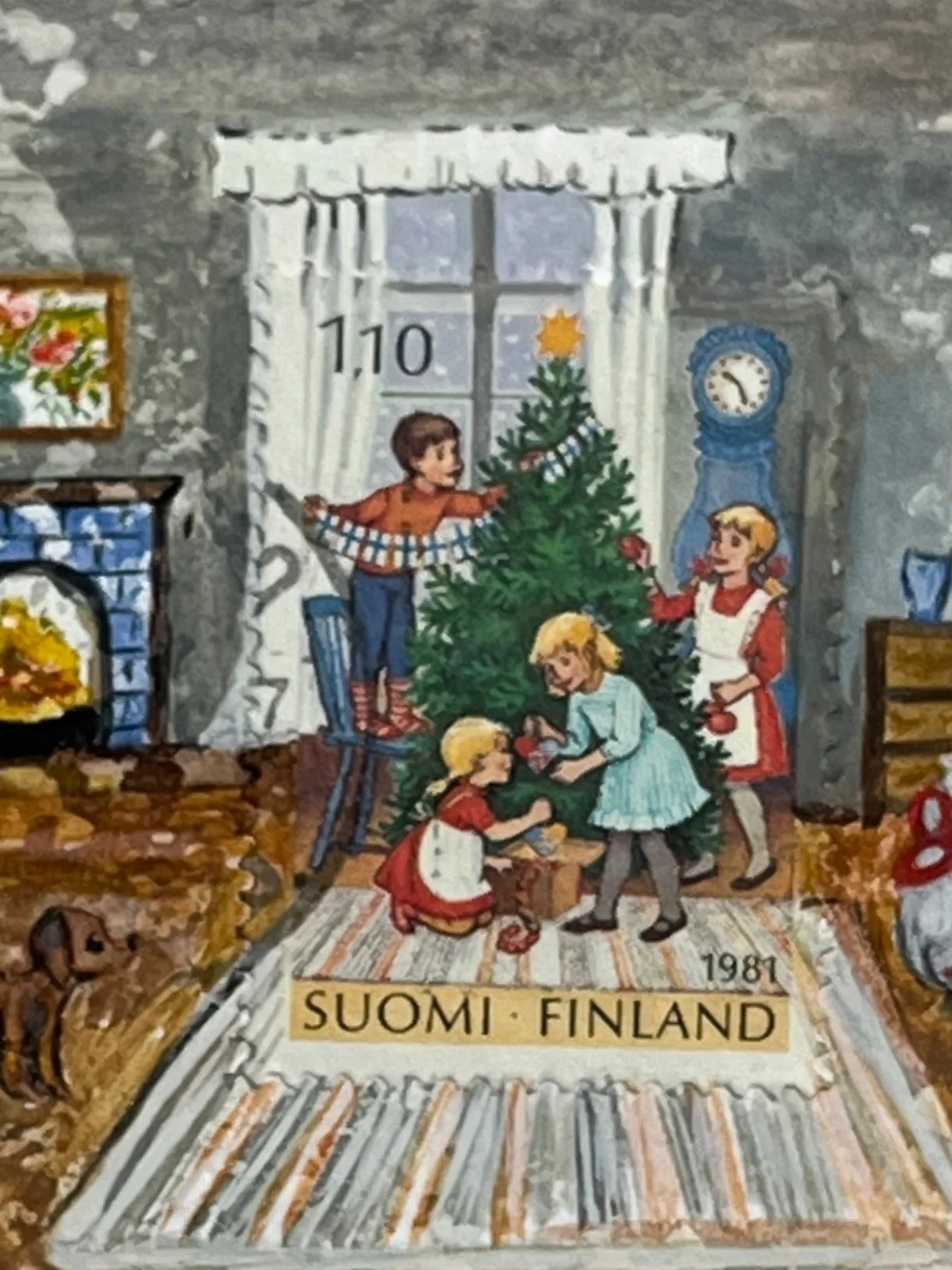 A festive family scene around the tree   Finland stamp, watercolour and oil paint creates this miniature scene where children decorate the tree as cats and dog look on