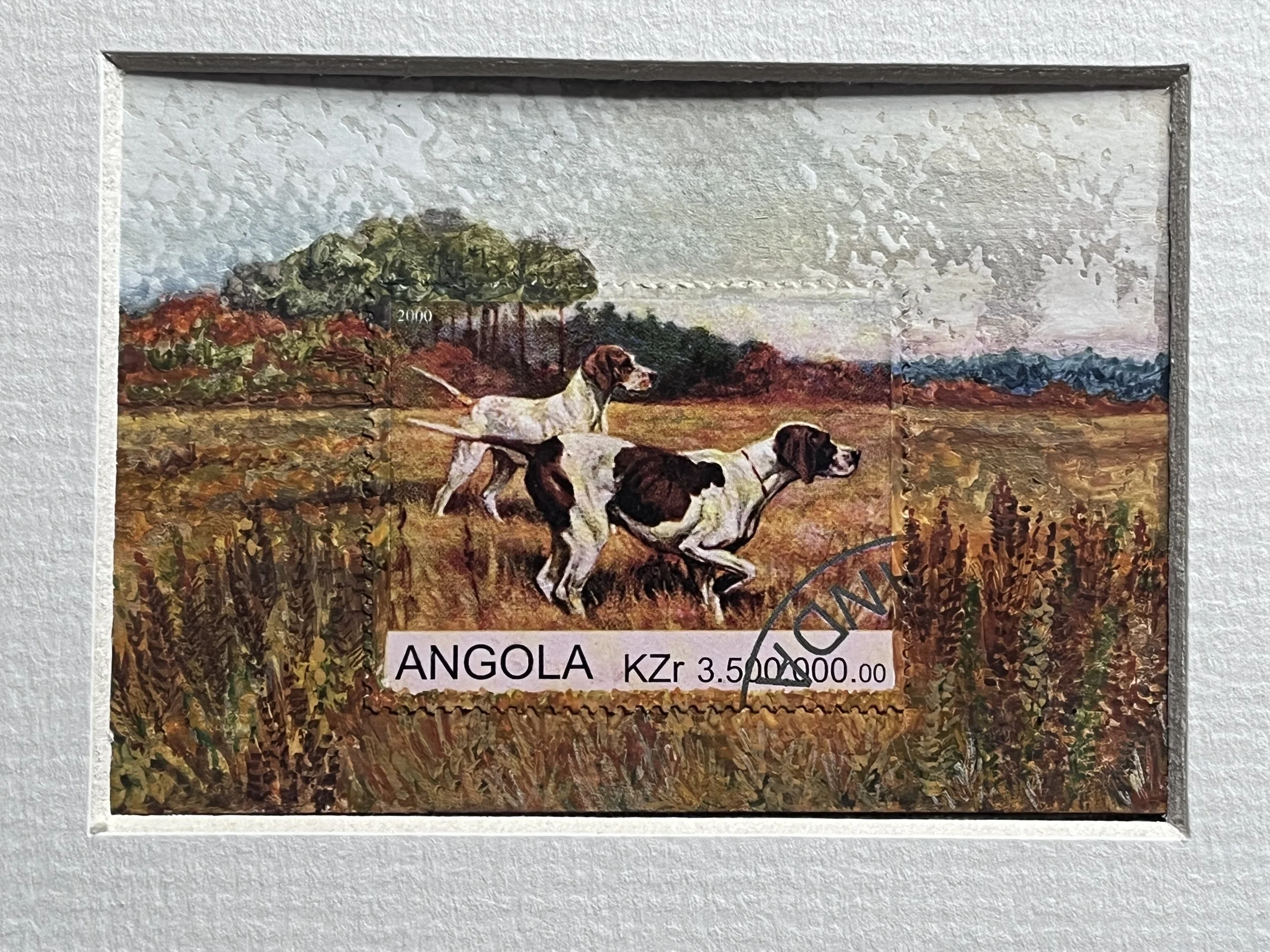 art made from Angola stamp, South Africa. A Pair of Pointer Dogs looking right, two dogs with sky and trees in the distance yellow , orange grasses in the foreground
