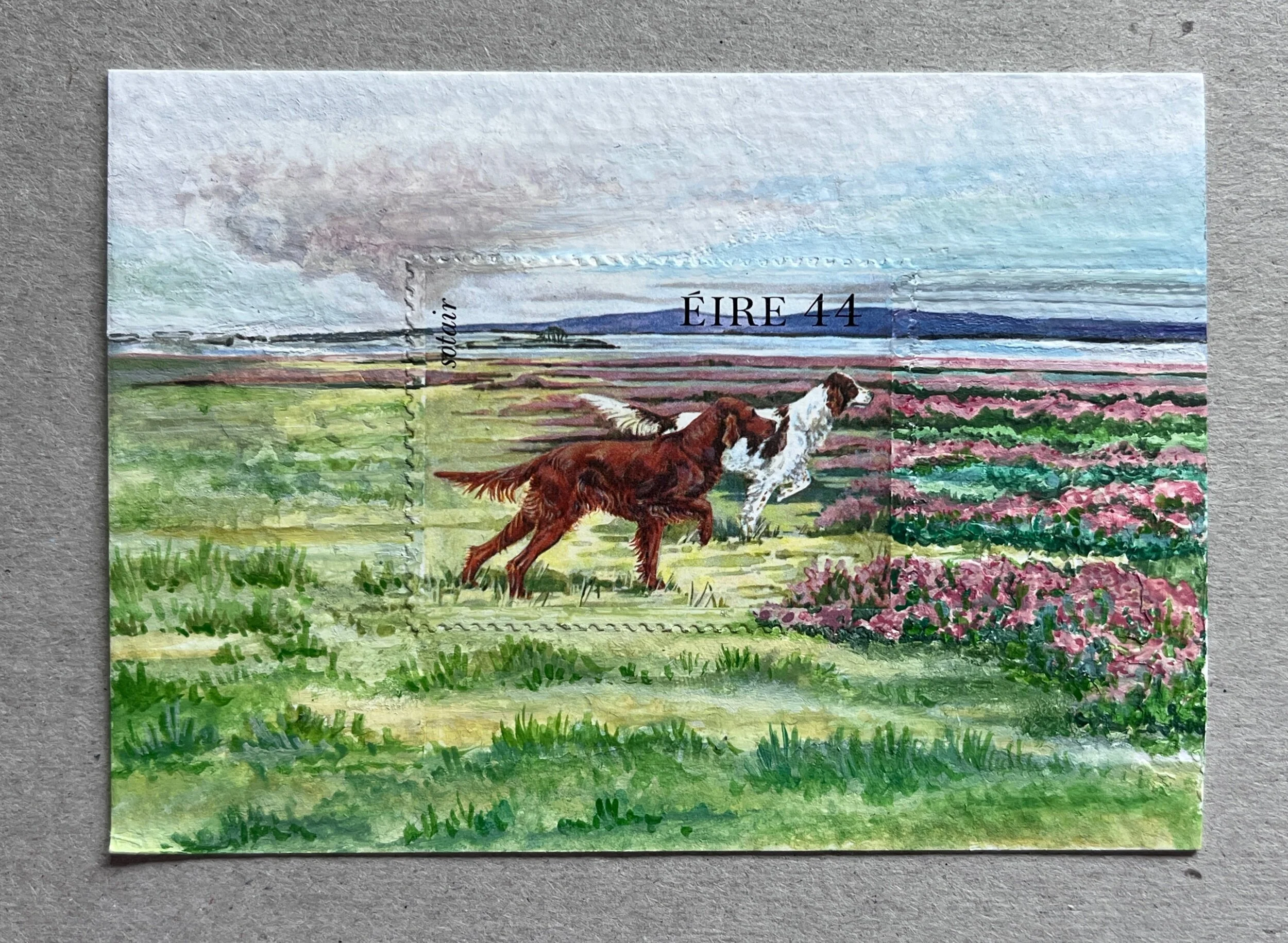 Two Setter Dogs, an English Setter and a Red Setter, gaze out over a flat landscape of Heather, painted in watercolour and oil paint. 