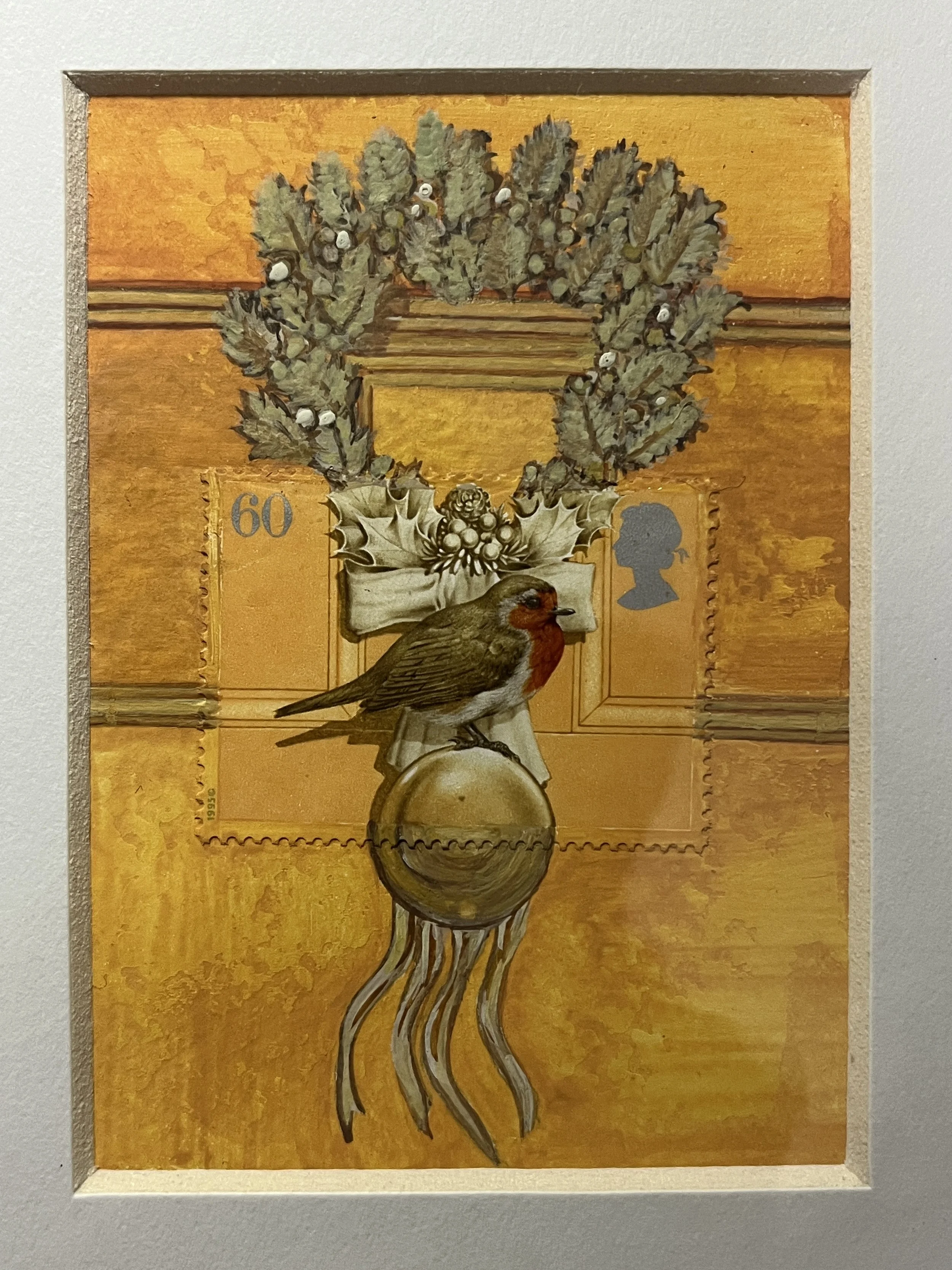 robin sitting on a wreath on a yellow door, a postage stamp in a small painted aceo size artwork