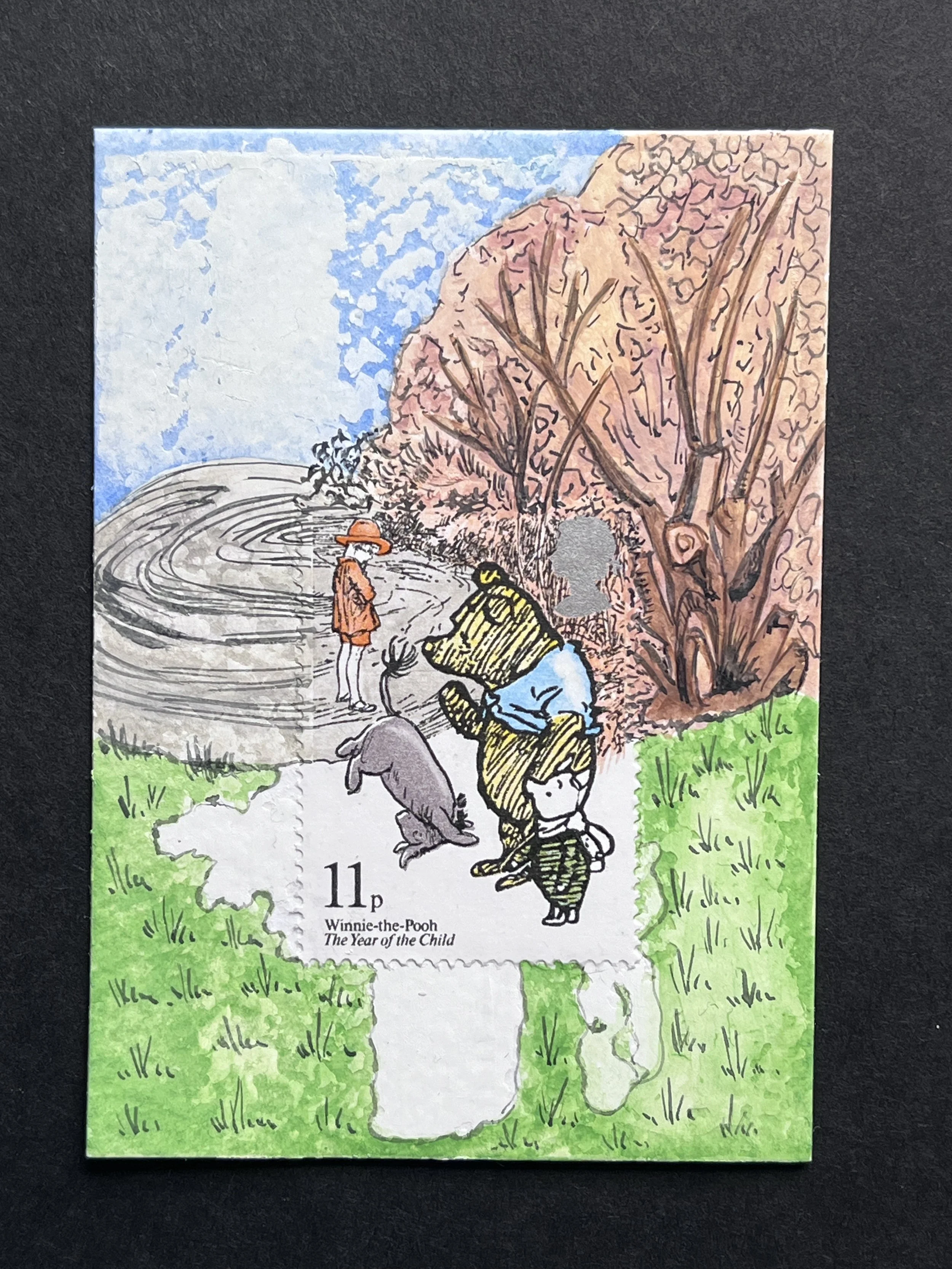 Winnie the Pooh Postage Stamp Art Original (1234 framed)
