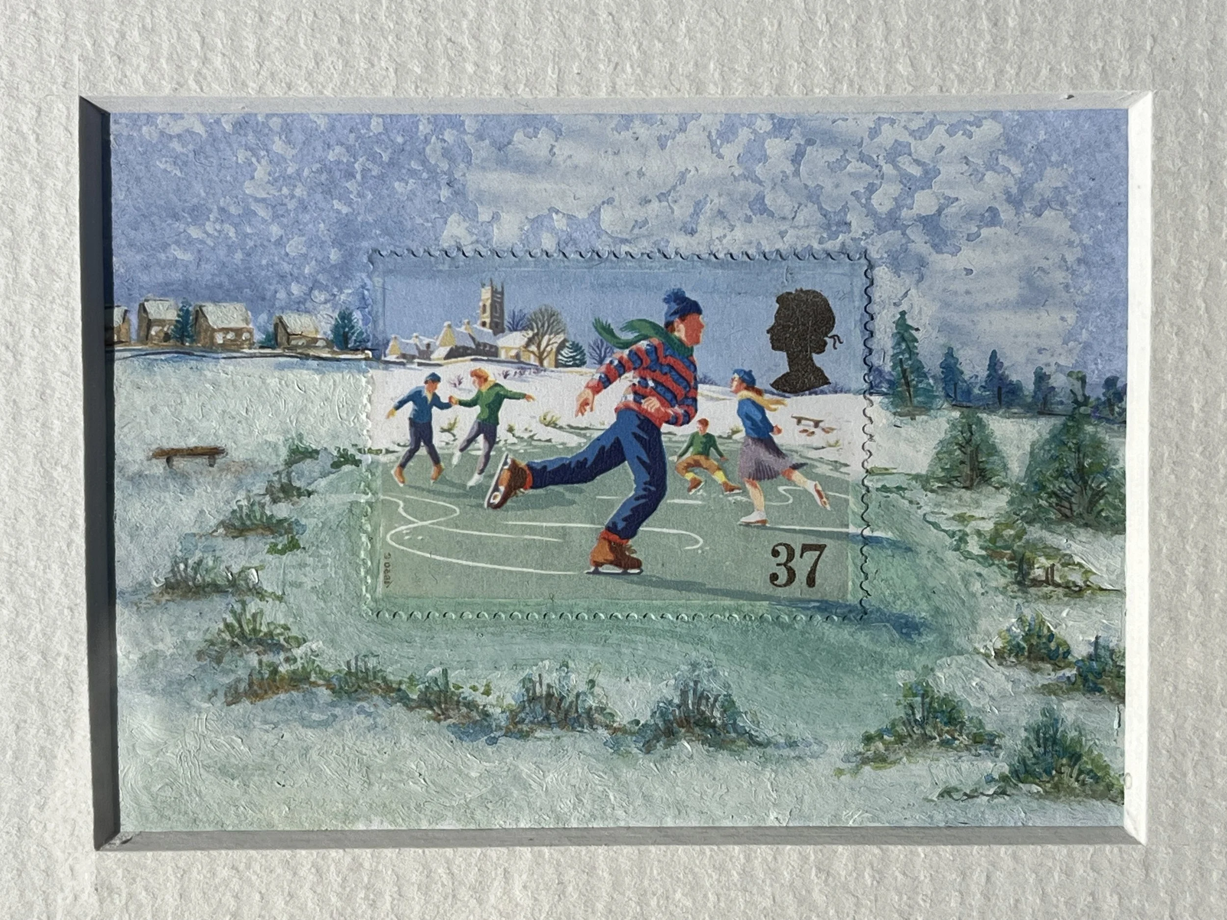 Skating on Ice Postage Stamp Art Original