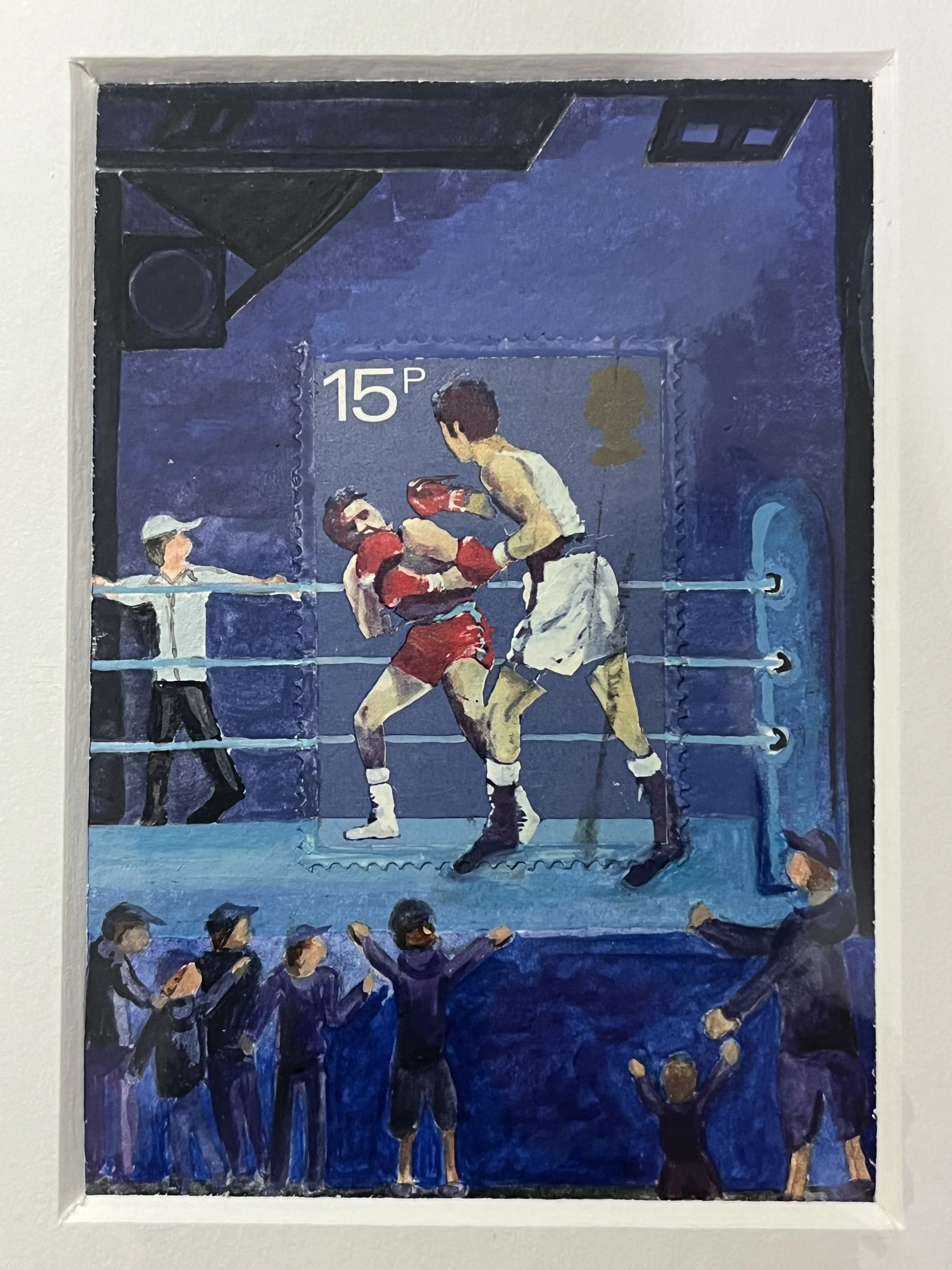 a boxing match, two fighters in the ring with a small crowd watching and a trainer looking on in a white shirt, a blue toned painting with a real postage stamps at the senterc