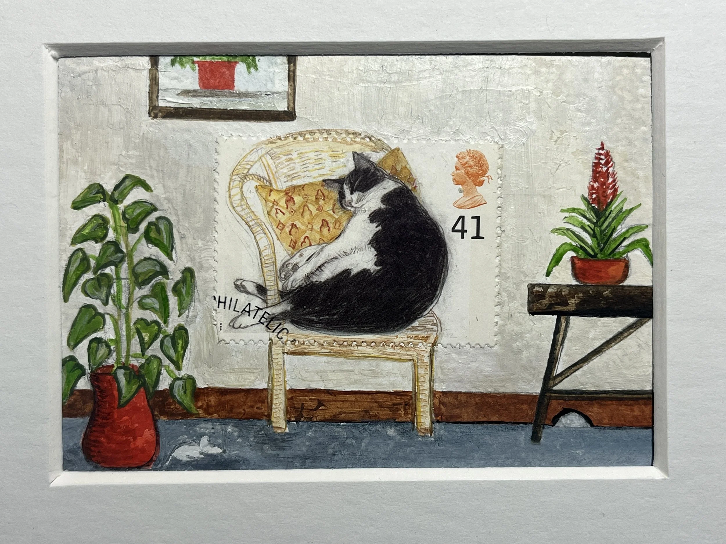 black and white cat asleep on a chair with pot plants around it and a little mouse with a mouse hole sneaking around while the cat sleeps