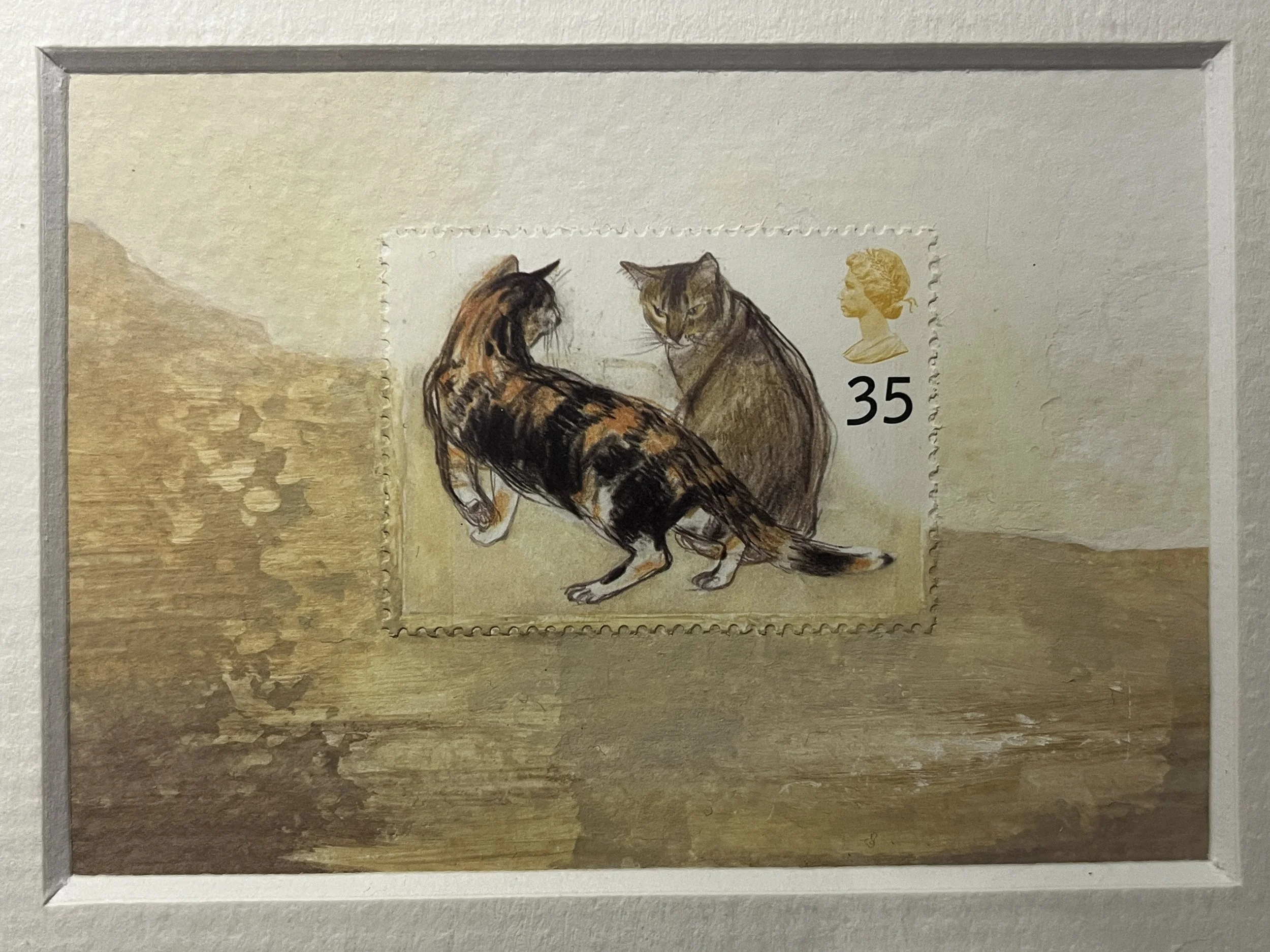 Tortoiseshell Cat Kikko and Abyssinian Cat Rosie Postage Stamp Art (1220)