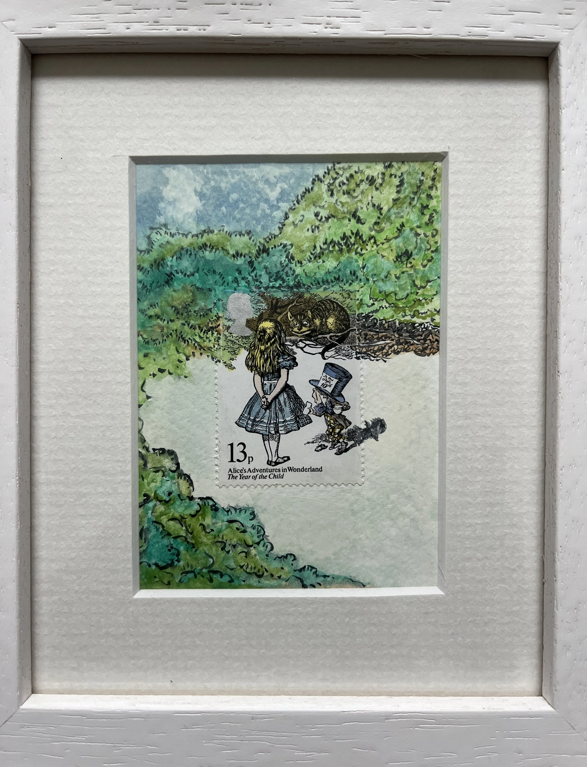 the scene around the stamp is painted in greens and turquoise blues making up the bushes around them all talking in the center.