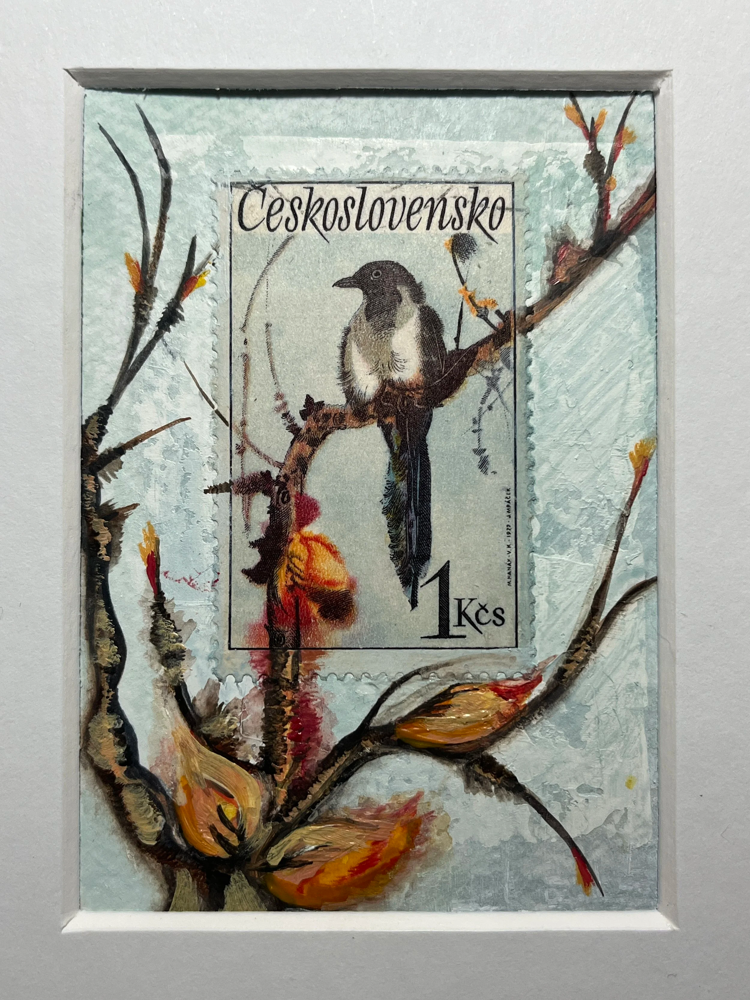 Czechoslovakia postage stamp showing a Magpie bird, with a painted backbone of sticks and yellow toned flowers