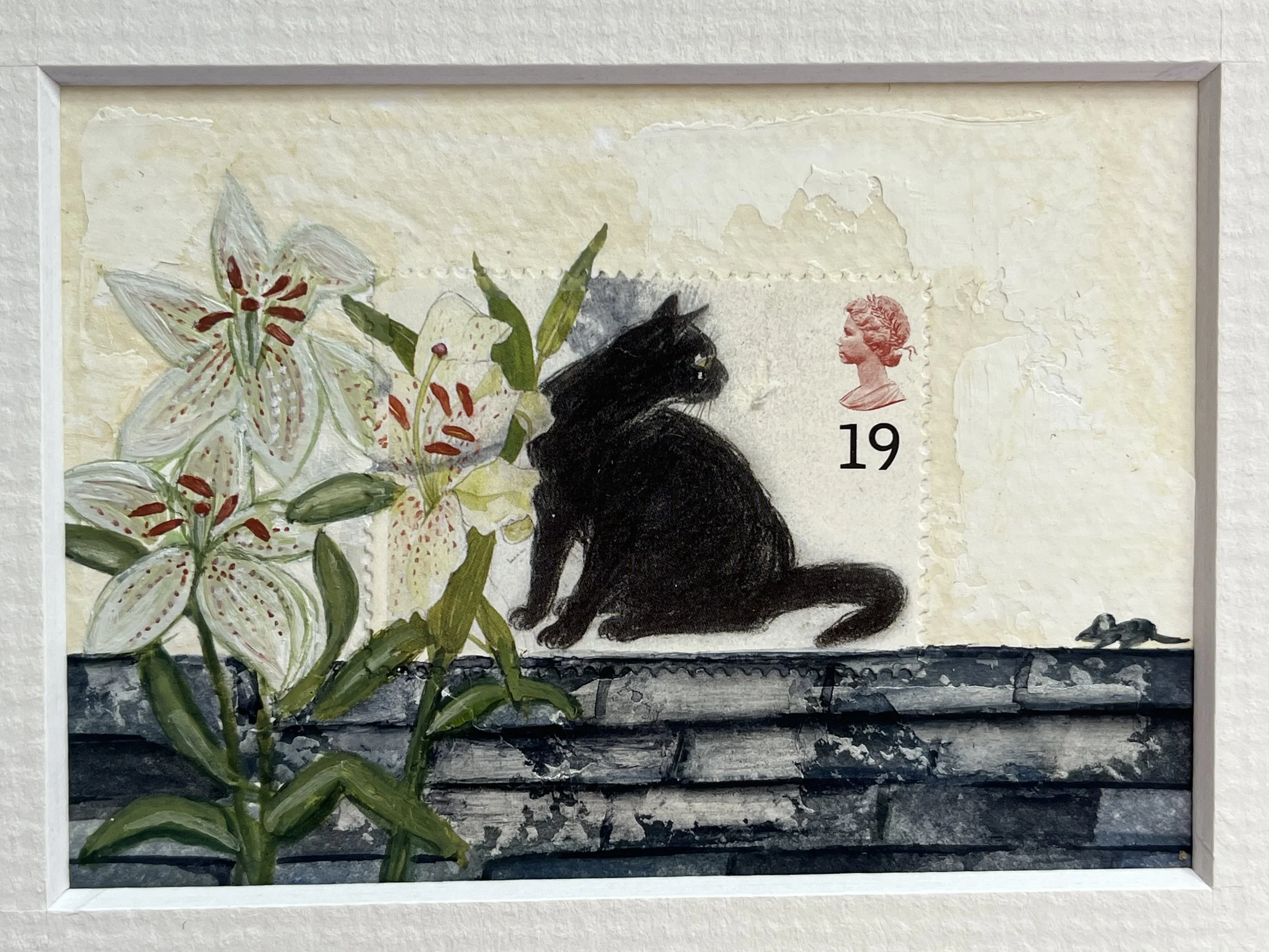 an original painting made with a real postage stamp showing a black cat sat amongst the Lilly flowers on a grey brick wall with a mouse crawling along unnoticed.