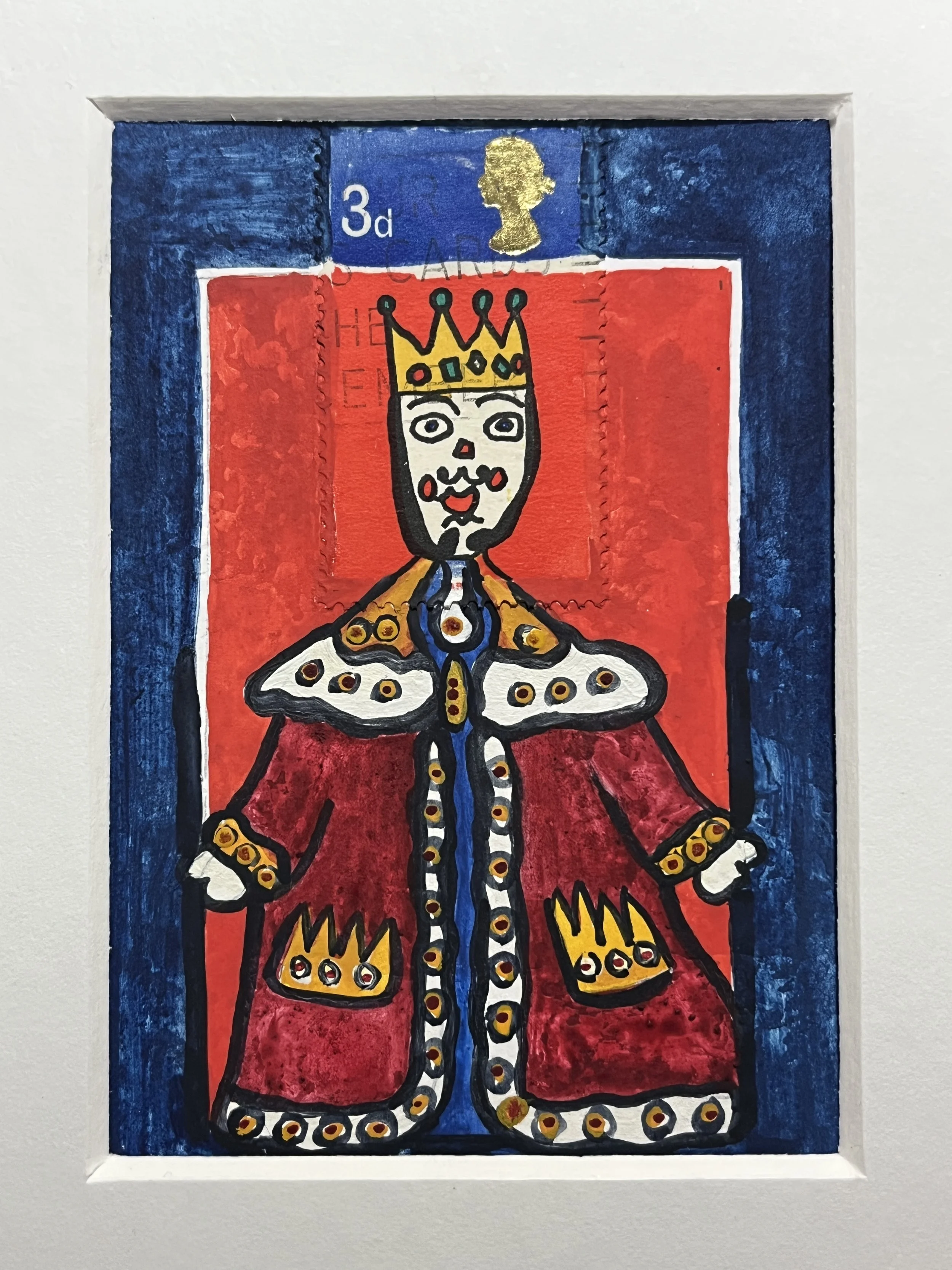 Christmas 1966 poster stamp showing a kings head, with the body wearing a cloak painted in pink and white collar with a blue and red background.