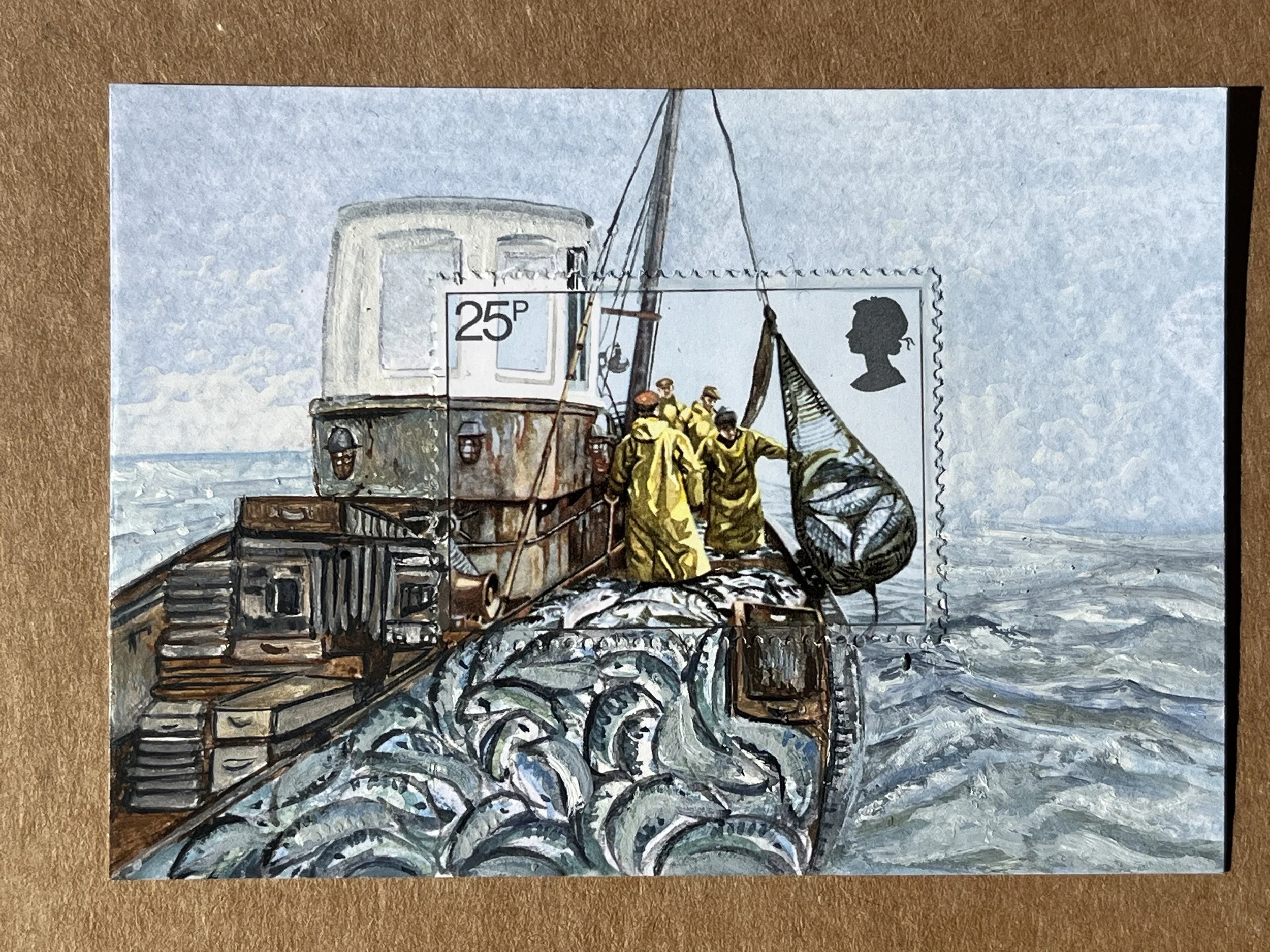 Fishing Trawler Boat Postage Stamp Art Original (1420)