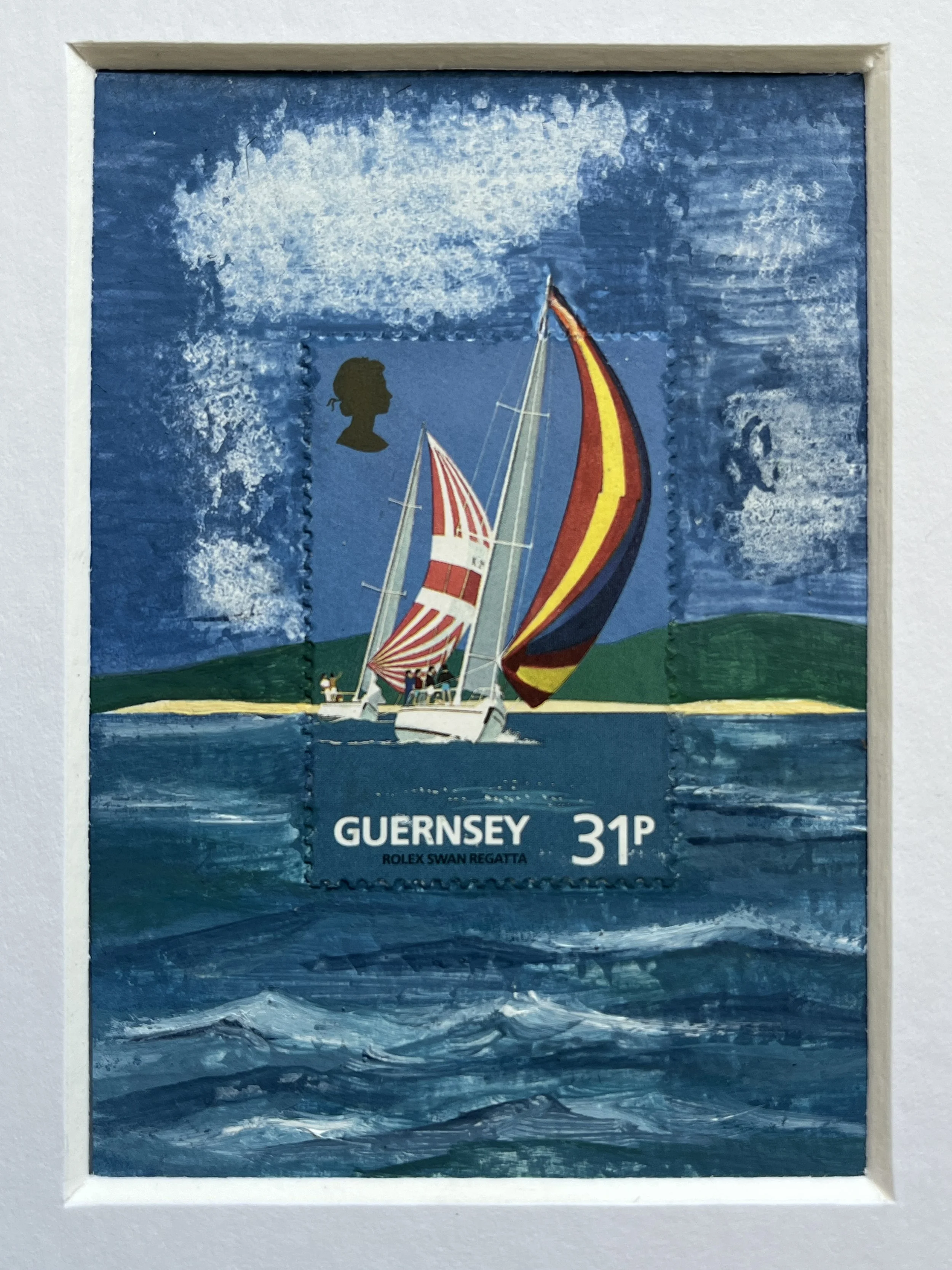 A small, original Yacht Sailing artwork incorporating the Centenary of the Guernsey Yacht Club commemorative postage stamp issued 02-07-1991