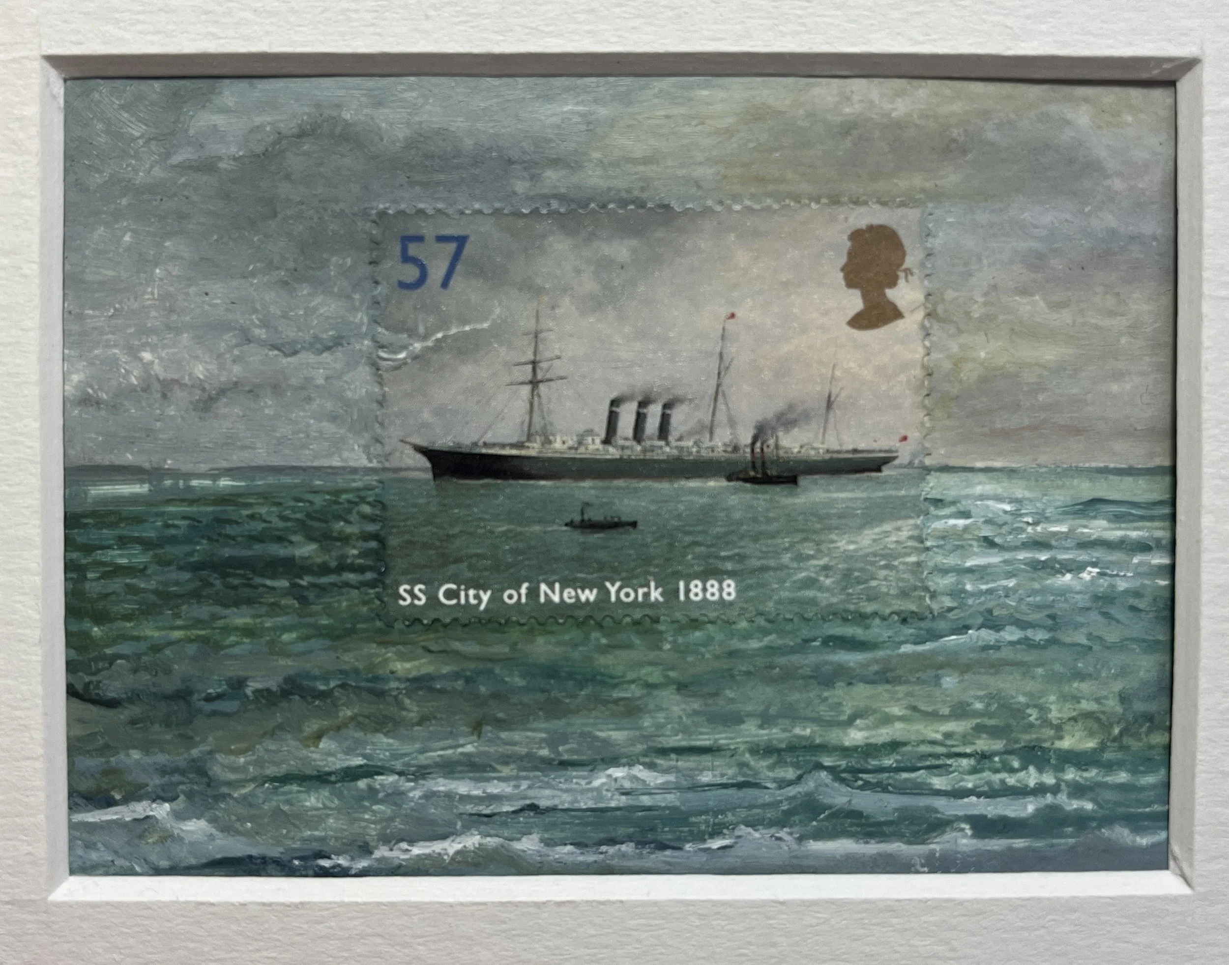 A small nautical painting with a postage stamp art the center - SS City of New York GB postage stamp