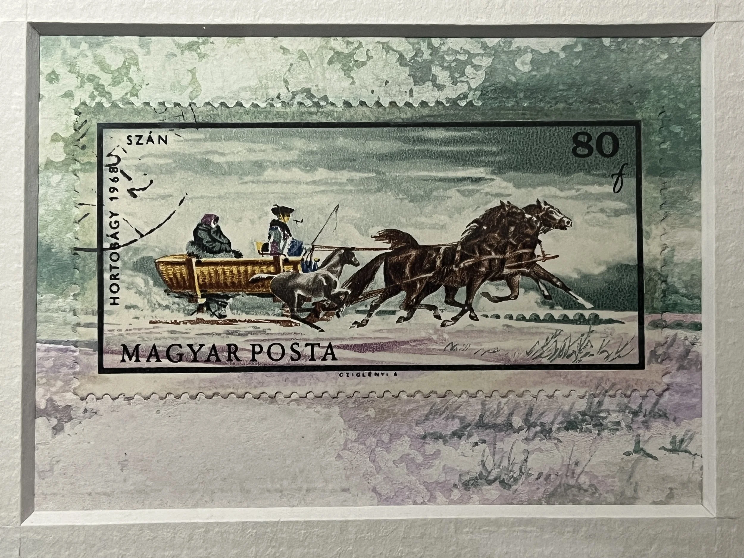 A real postage stamp is placed at the center and by applying a hand painted background using watercolour and oil paint a snow scene is created , Artist Tonia Jillings