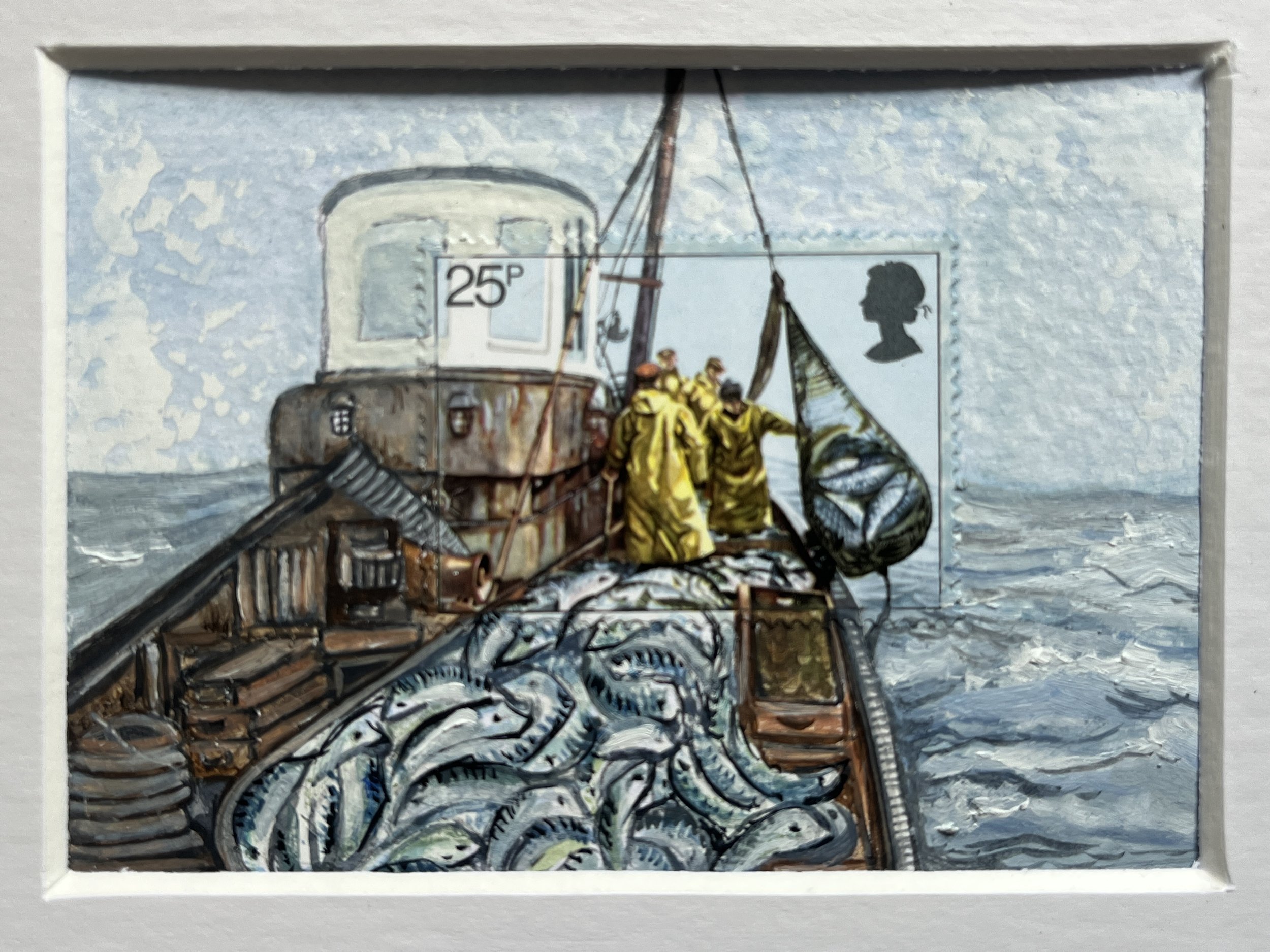 1981 vintage stamp showing a fishing trawler with the scene around it painted in watercolours to show the rest of the boat and catch of fish