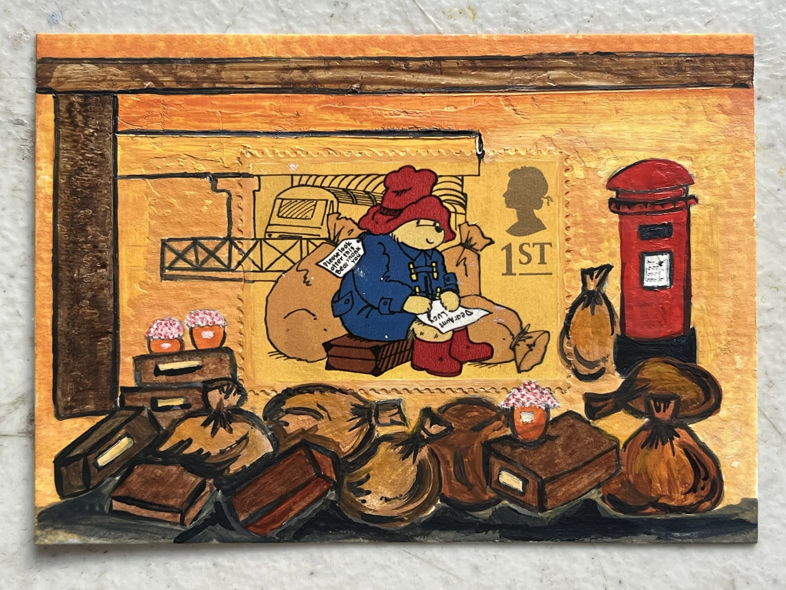 Paddington Bear Postage Stamp Art - Watercolor & Oil Painting