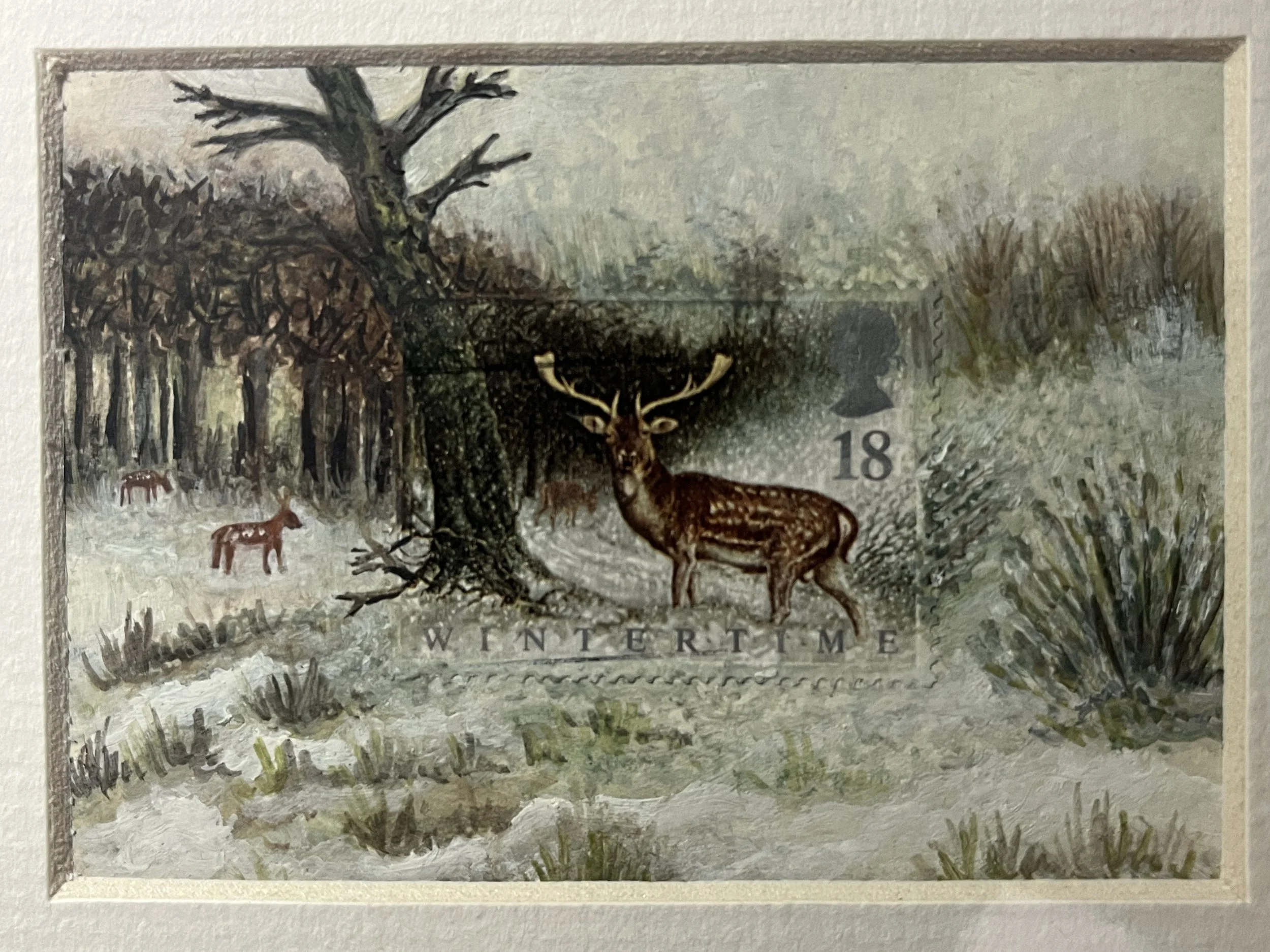 Stag in Wintertime Postage Stamp Art Original (1163)