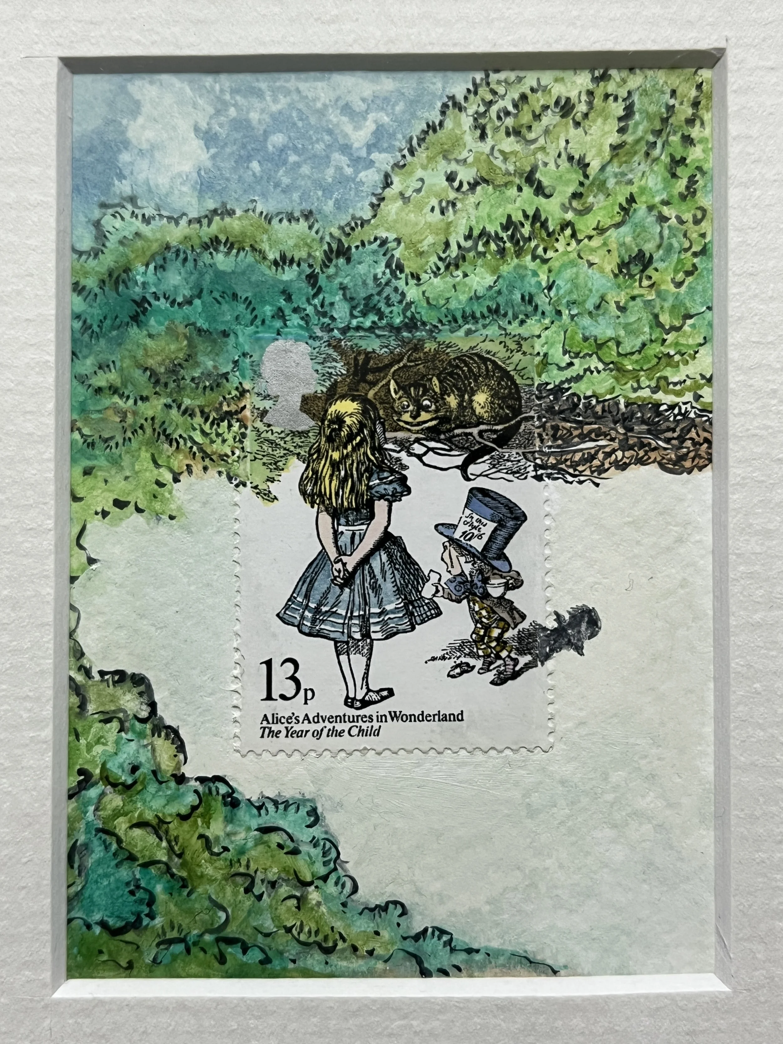 the scene around the stamp is painted in greens and turquoise blues making up the bushes around them all talking in the center.