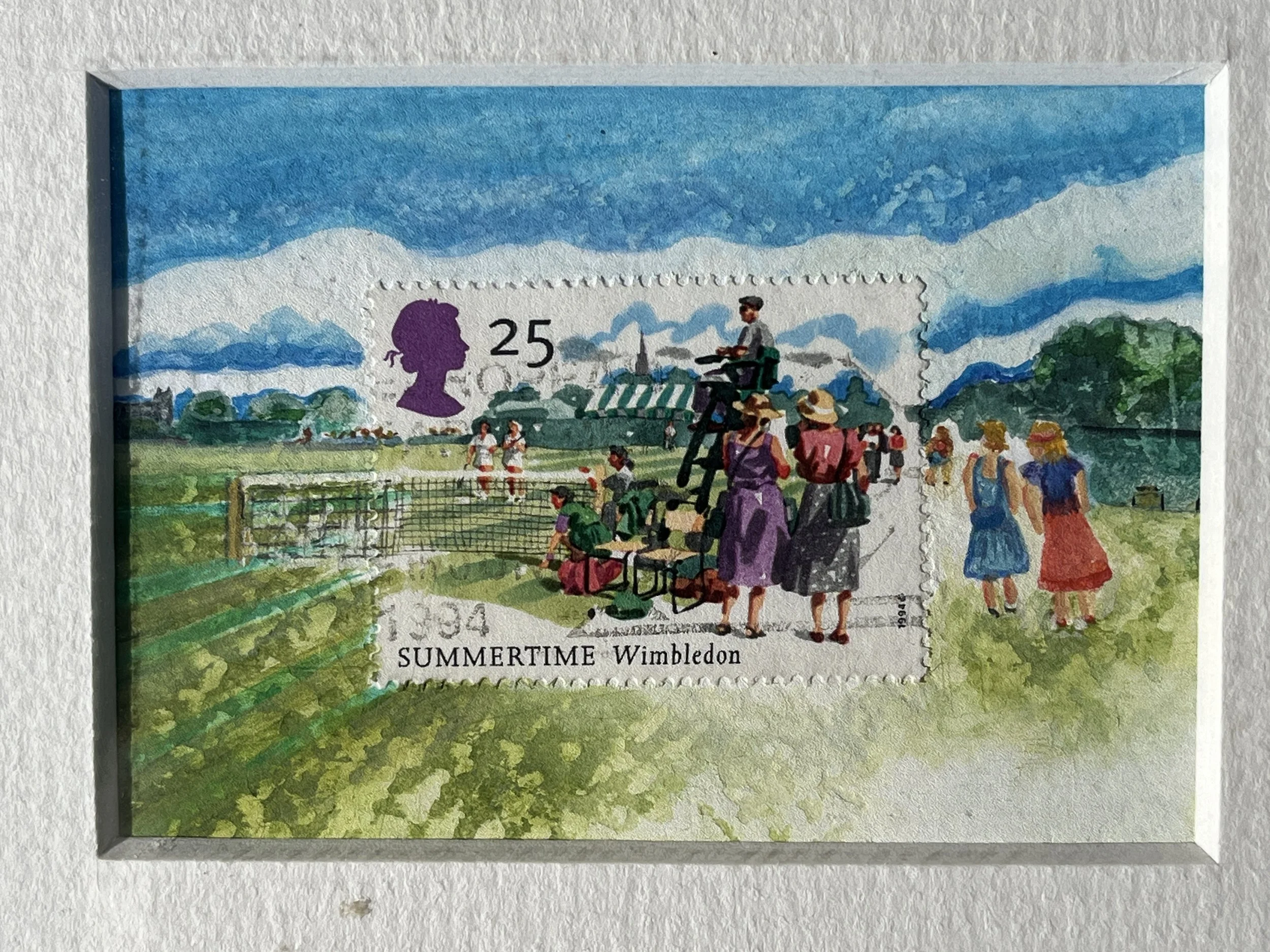 Wimbledon Tennis Scene, Postage Stamp Art Original