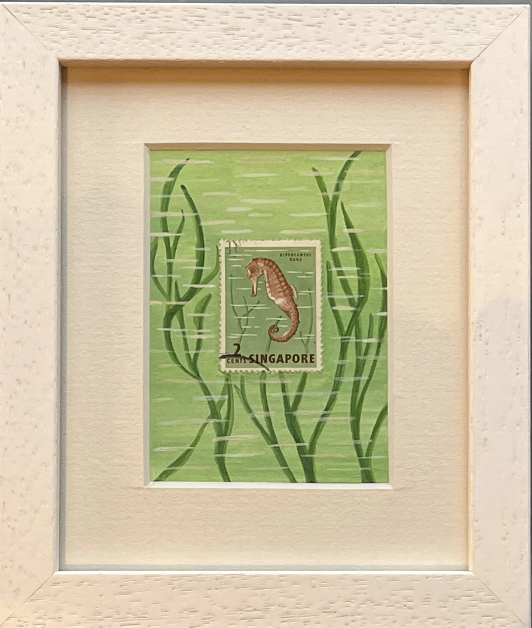 an authentic Sea Horse Singapore 2 cents postage stamp as the centerpiece, made into an original painting using watercolours