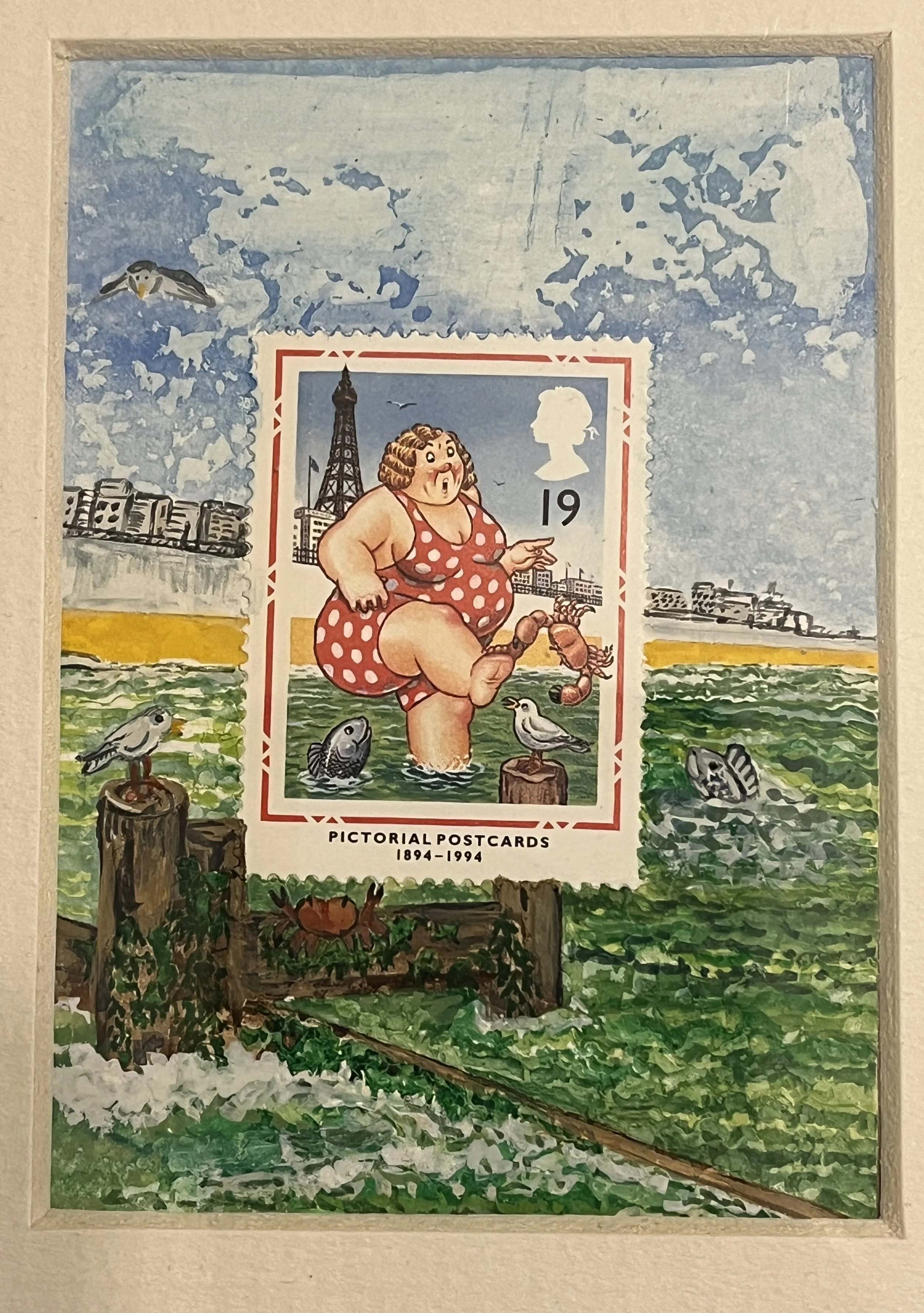 Vintage Stamp Art Original - Lady Bather Coastal Whimsy (757)