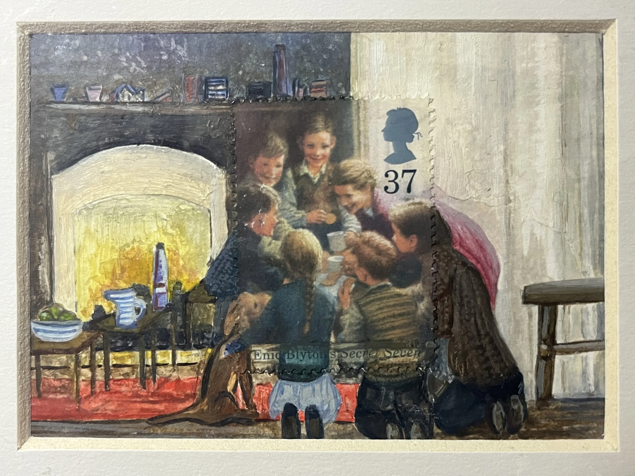a small artwork showing a scene from Enid Blyton book image shown on a postage stamp and made into a painting.