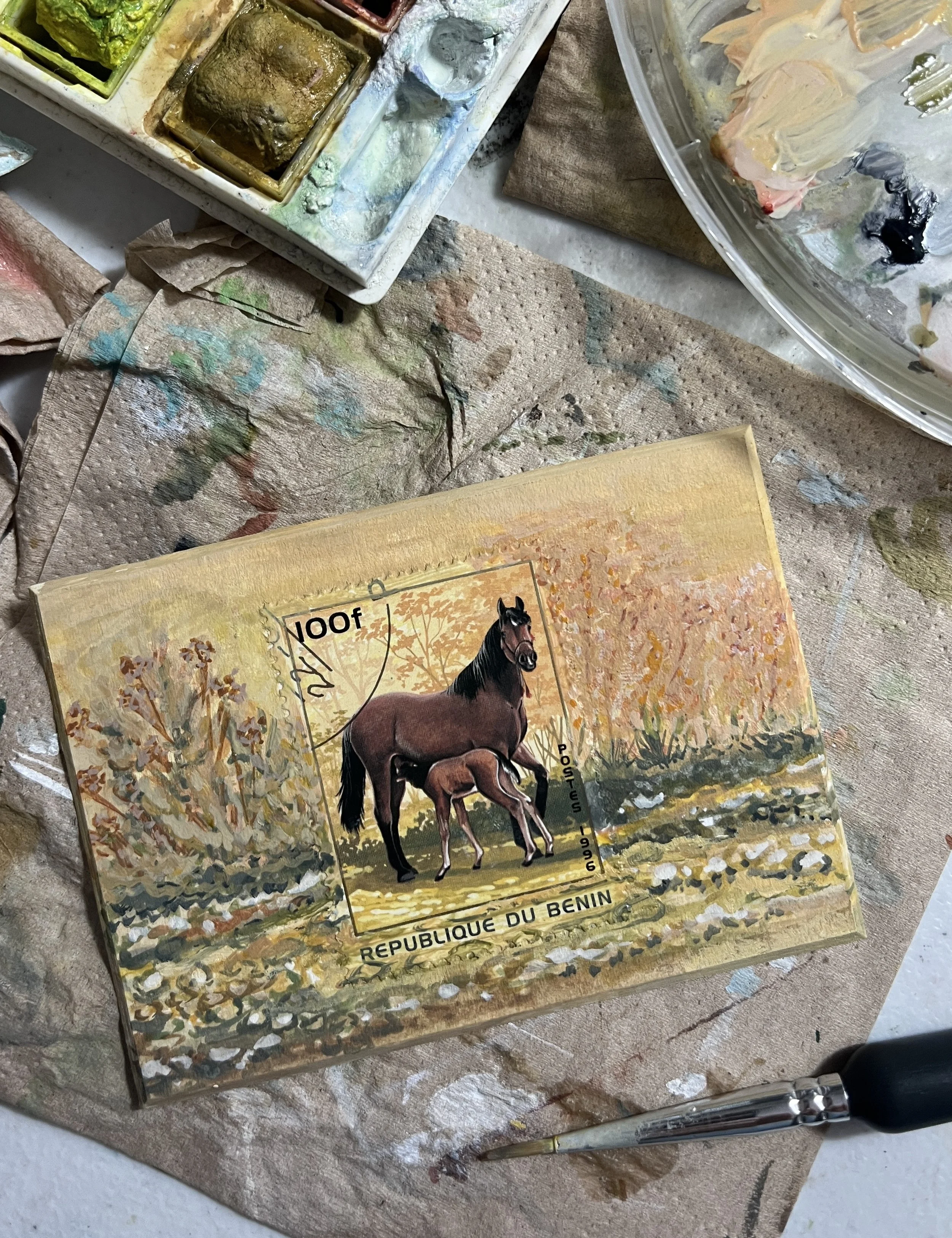 horse postage stamp made into a painting with a painted yellow toned background