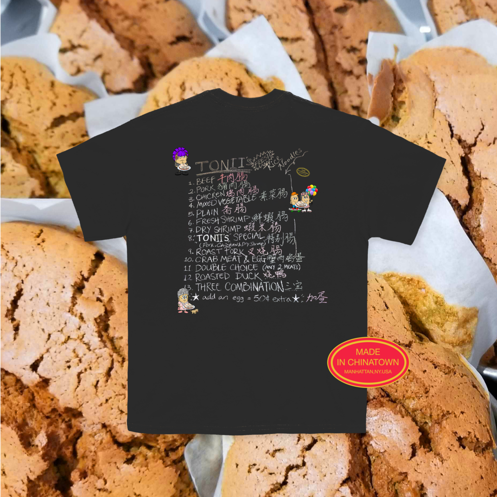  The T-Shirt design is arguably what made them famous: fresh rice rolls. We incorporated their signature menu items displayed proudly on the back in bilingual format. 