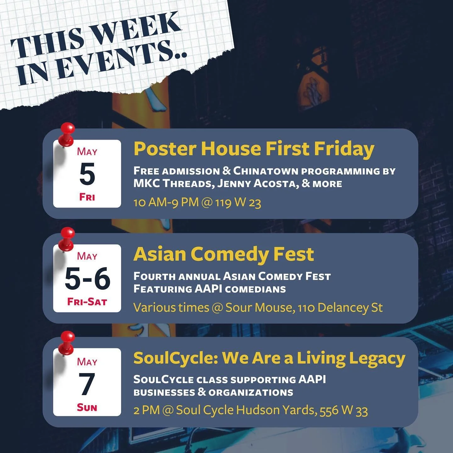 Celebrate #APAHM and the lovely weather with fun events around NYC! 📆&nbsp;

See above for more info on what&rsquo;s happening this weekend and next week, including:

🎟️&nbsp;Free admission to @posterhousenyc today, with Chinatown-focused programmi