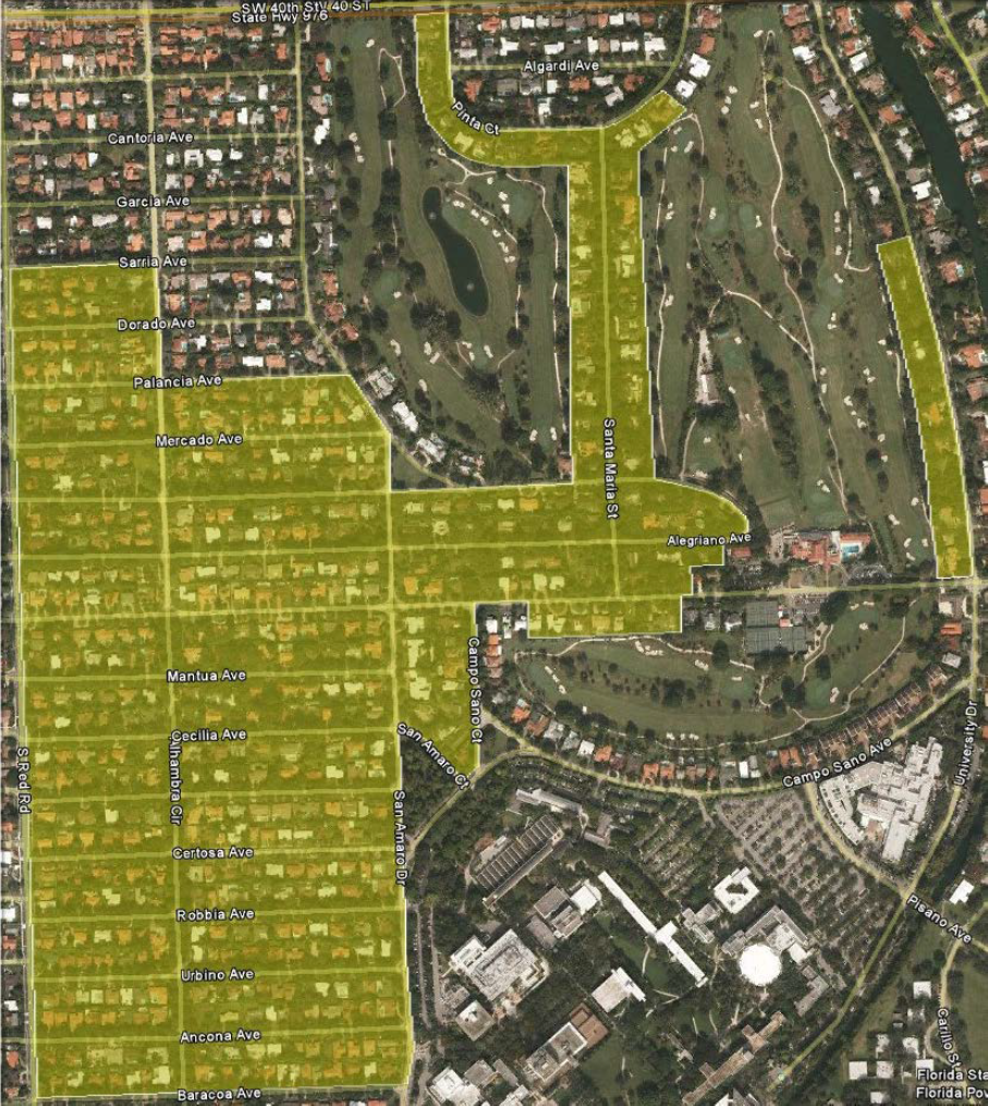 A satellite map showing a neighborhood with streets, houses, and a golf course. Streets highlighted in yellow include Santa Maria St, Alegrano Ave, Mercado Ave, Mantua Ave, Cecilia Ave, and others.