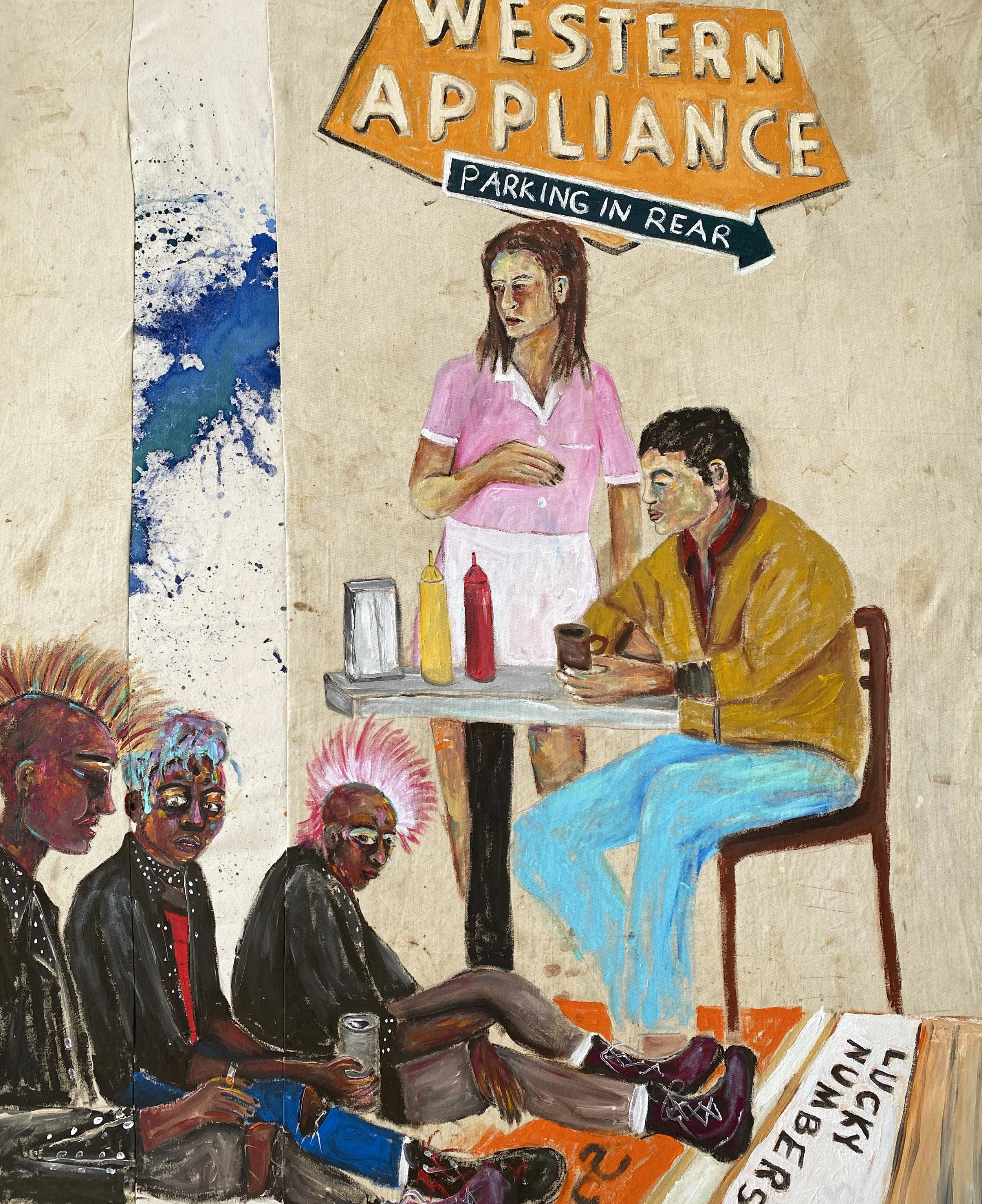 At The Corner of Heartbreak & Avalanche, Acrylic and Dye on Stitched Canvas and Tarp, 48x59 inches, 2022