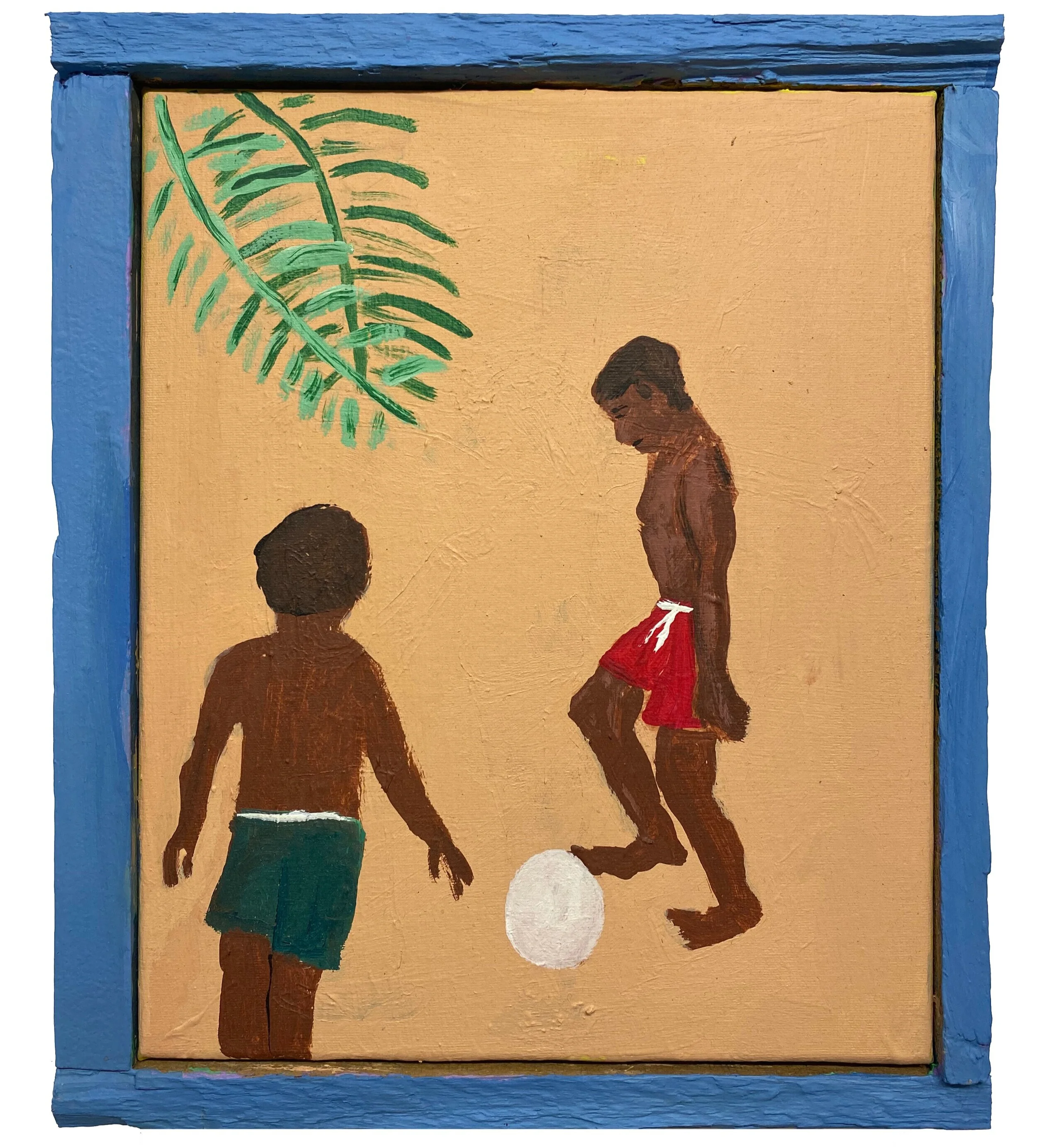 When Time was Two Boys Playing Football on a Beach (Castara, Tobago) Acrylic on Canvas with Wooden Frame 10x12 inches 2020