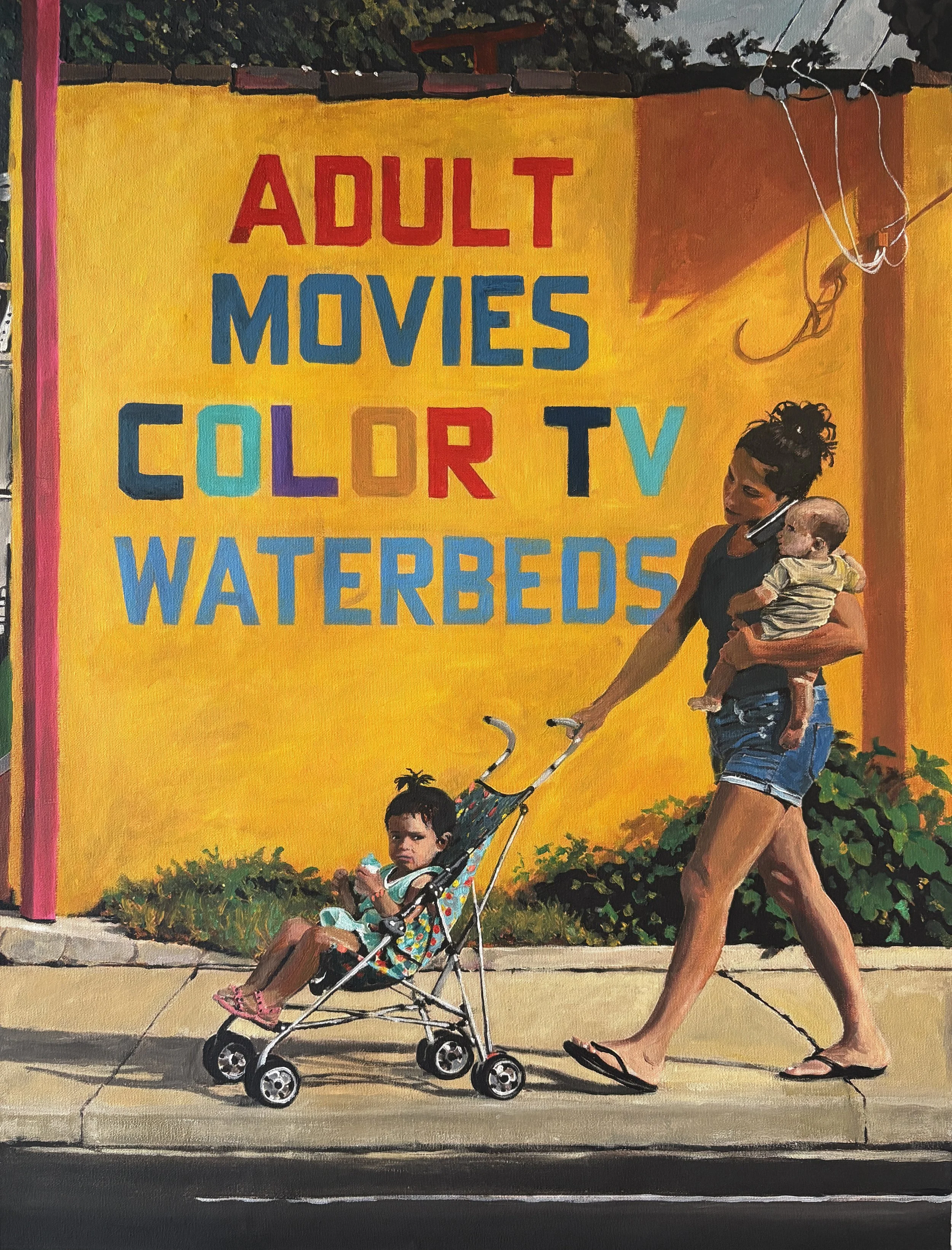 Adult Movies, Color TV, Waterbed, Acrylic on Canvas, 24x32in, 2026
