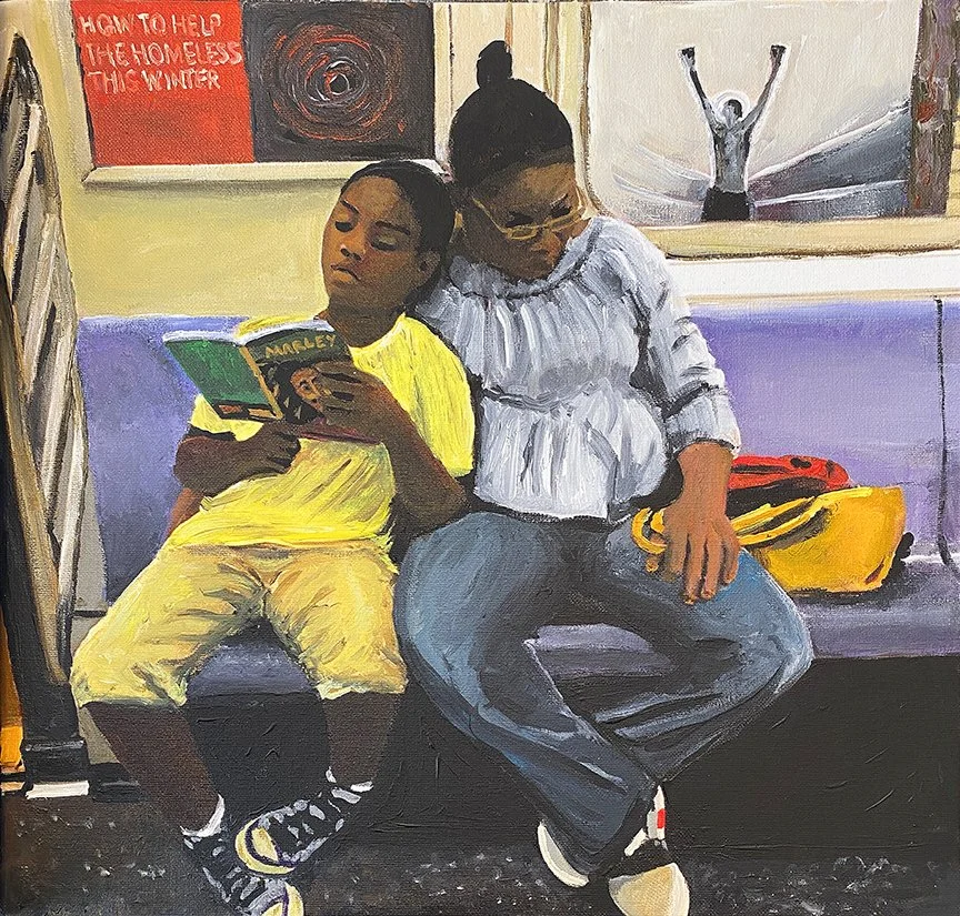 M Train for Queens, Acrylic on Canvas, 17x17in, 2025