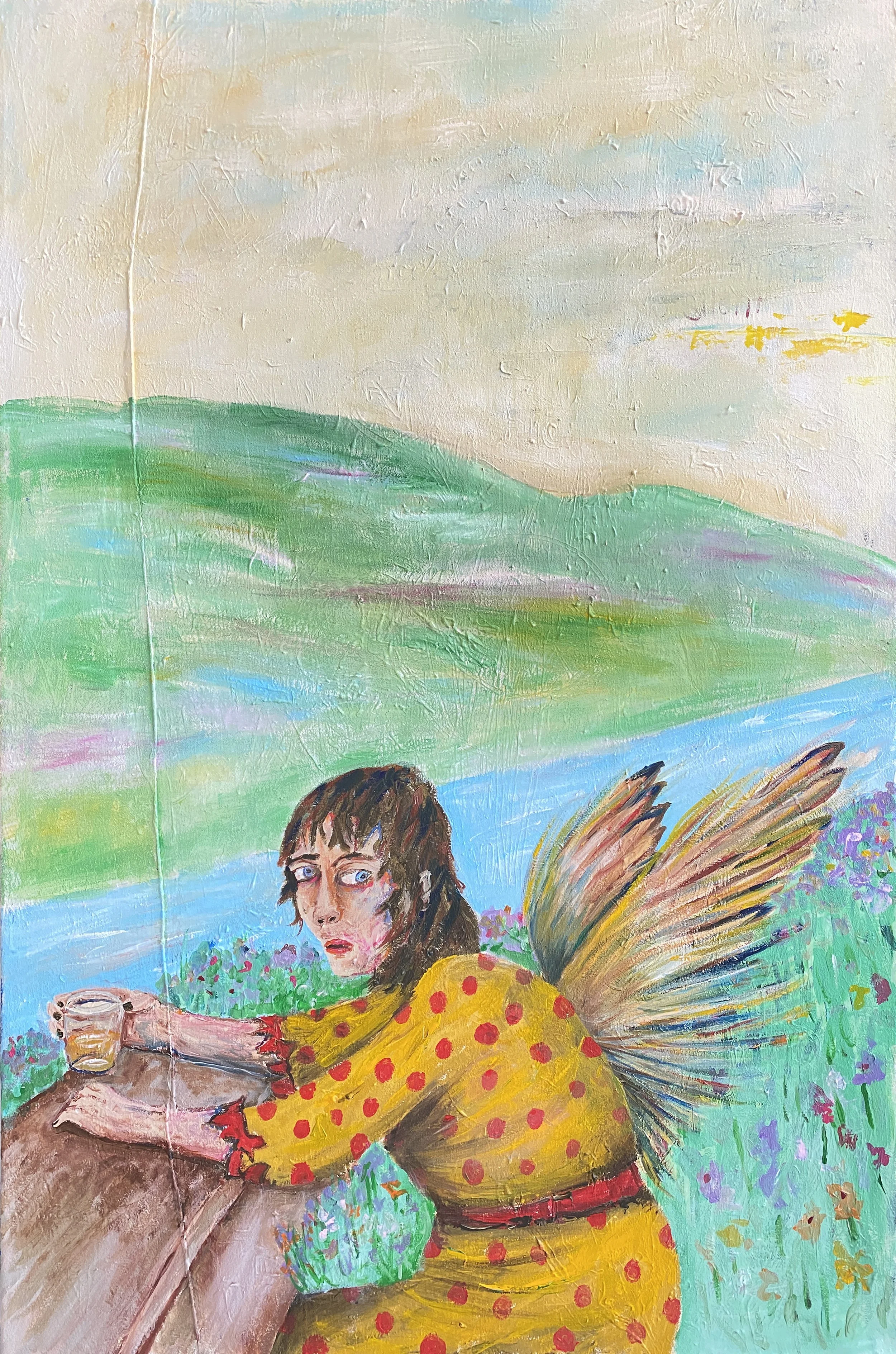 Every Angel Is Terrible, Acrylic on Canvas Tarp, 40x60 inches, 2022