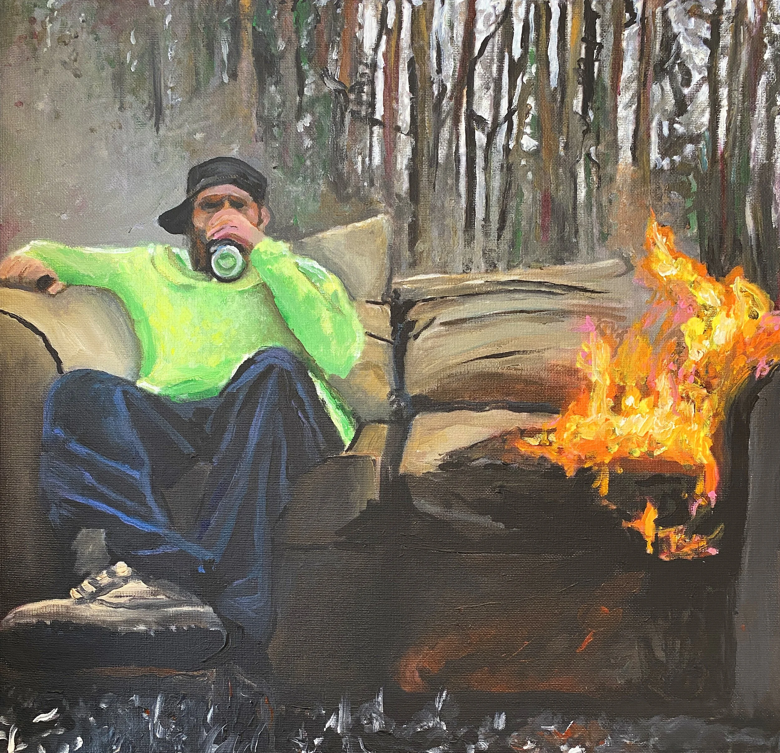 The Couch in the Woods, Acrylic on Canvas, 17x17in, 2025