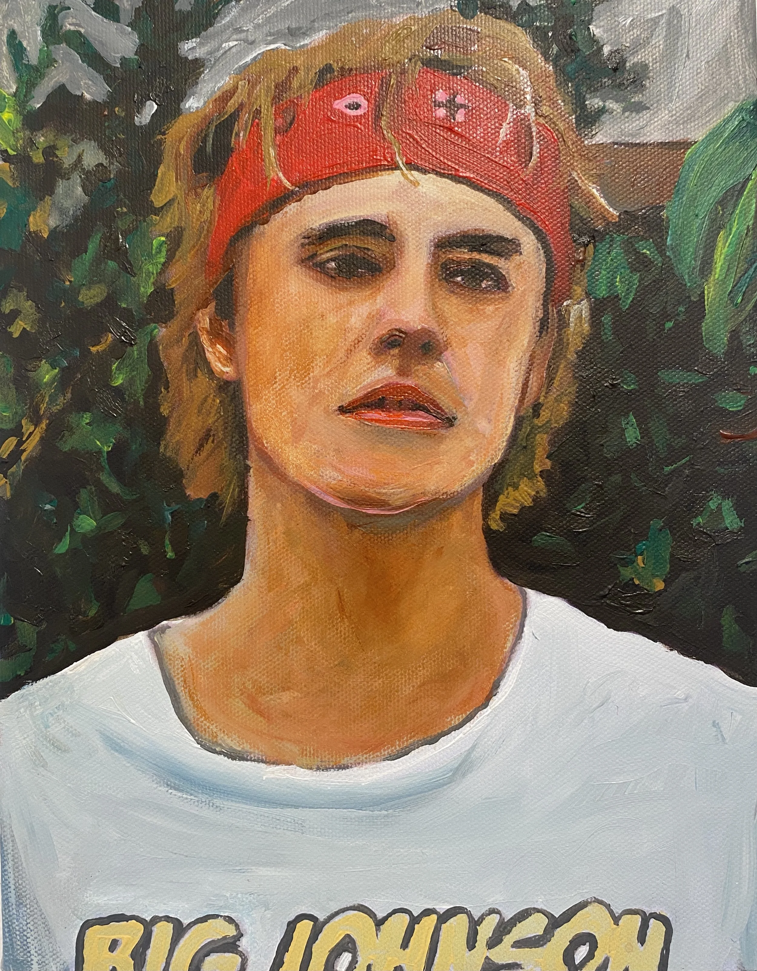 Bieber in Big Johnson, Acrylic on Canvas, 8x10in, 2023