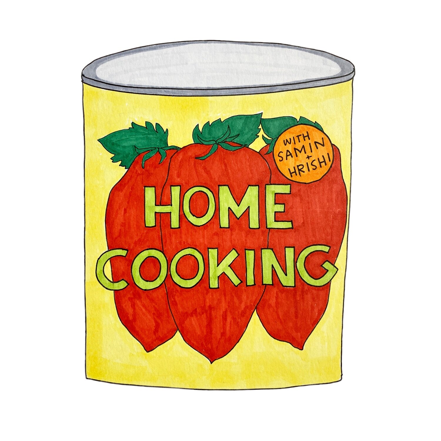 The Home Cooking podcast logo. A can of tomatoes that says 