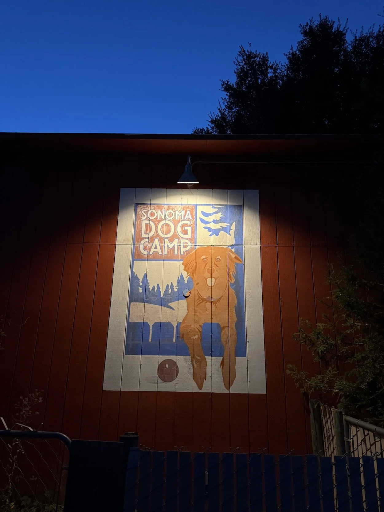 Sonoma Dog Camp artwork is painted on the side of the Barn illuminated by a lamp at night.