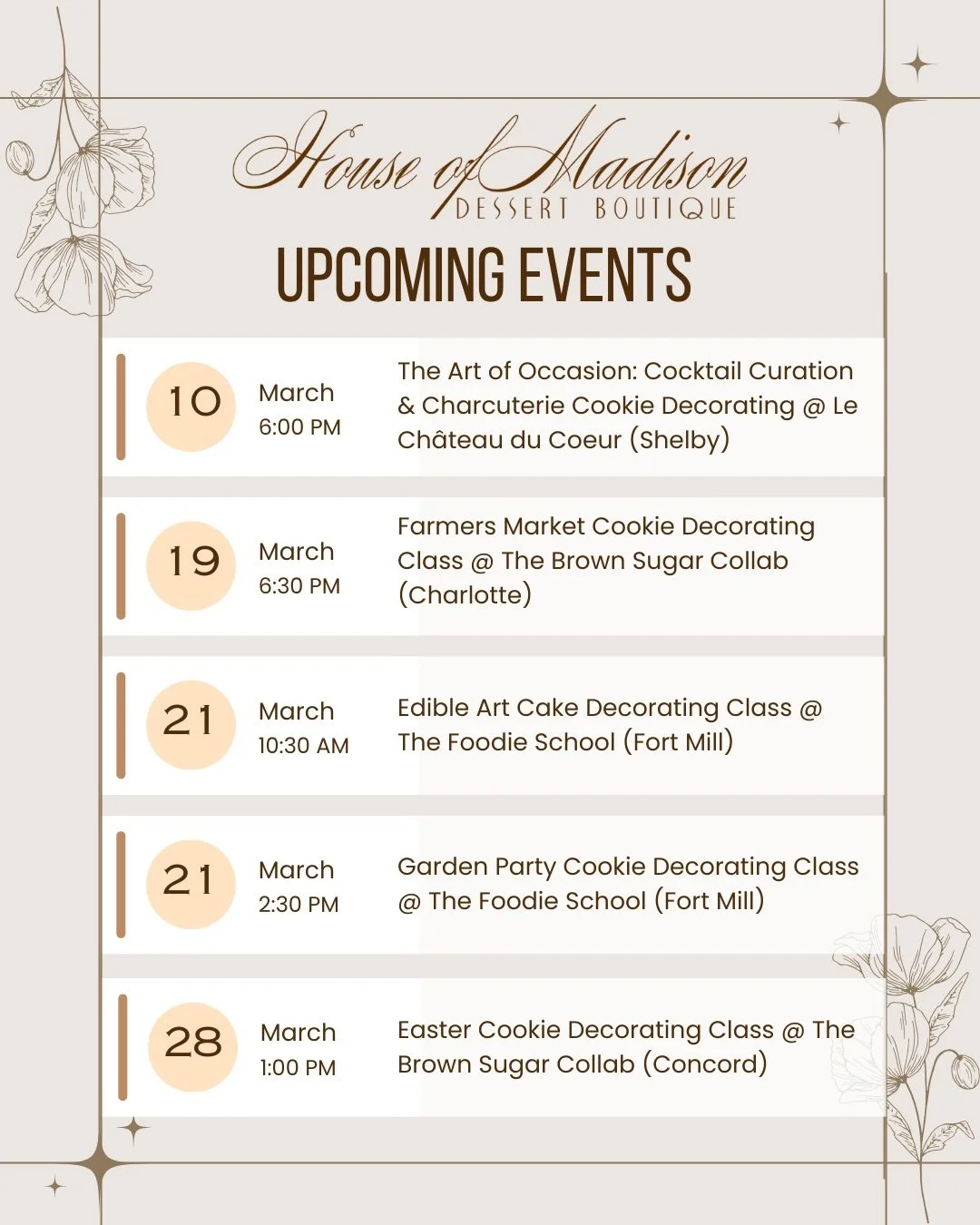 Kick these winter blues and treat yourself to a sweet experience this month! ✨

Here&rsquo;s what&rsquo;s coming up:
🥂 March 10 | Shelby (Boiling Springs, NC)
The Art of Occasion &mdash; craft cocktails + charcuterie board cookie decorating in an el