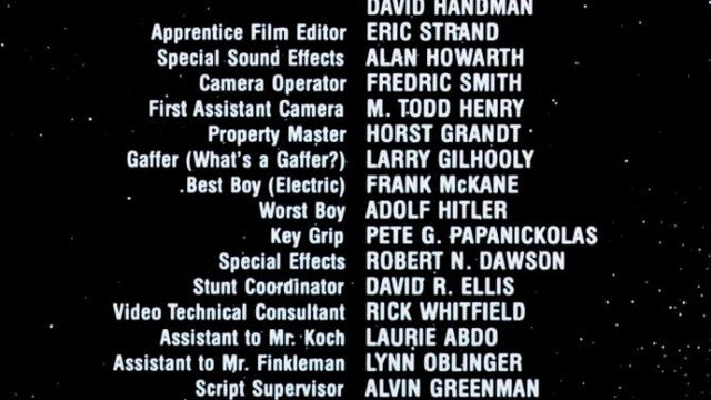 These are the actual end credits from Airplane!, featuring Adolf Hitler as the Worst Boy (💯) and the question anyone who's ever sat through the credits wonders: What's a Gaffer? And for that matter, what's a Best Boy? We answer all your film crew qu
